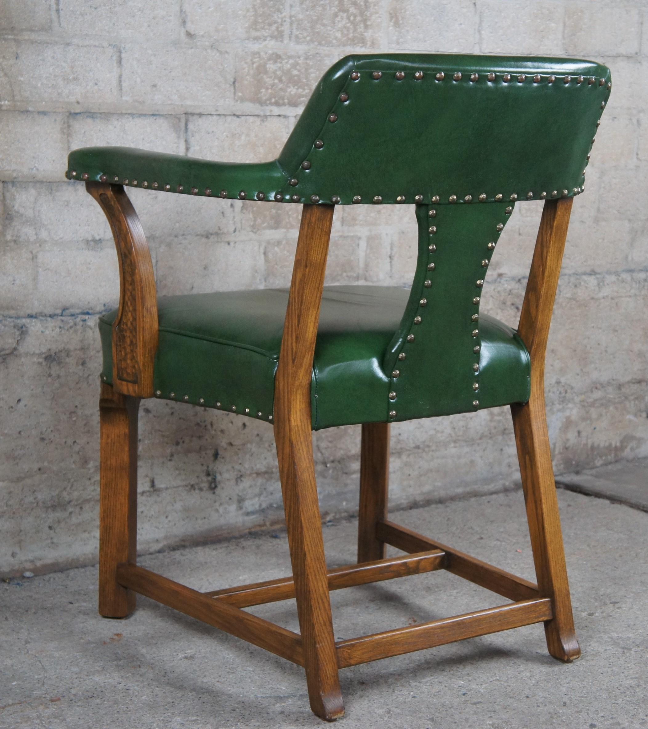 4 Vintage Romweber Viking Oak Green Leather Barrel Back Game Card Bank Chairs 1