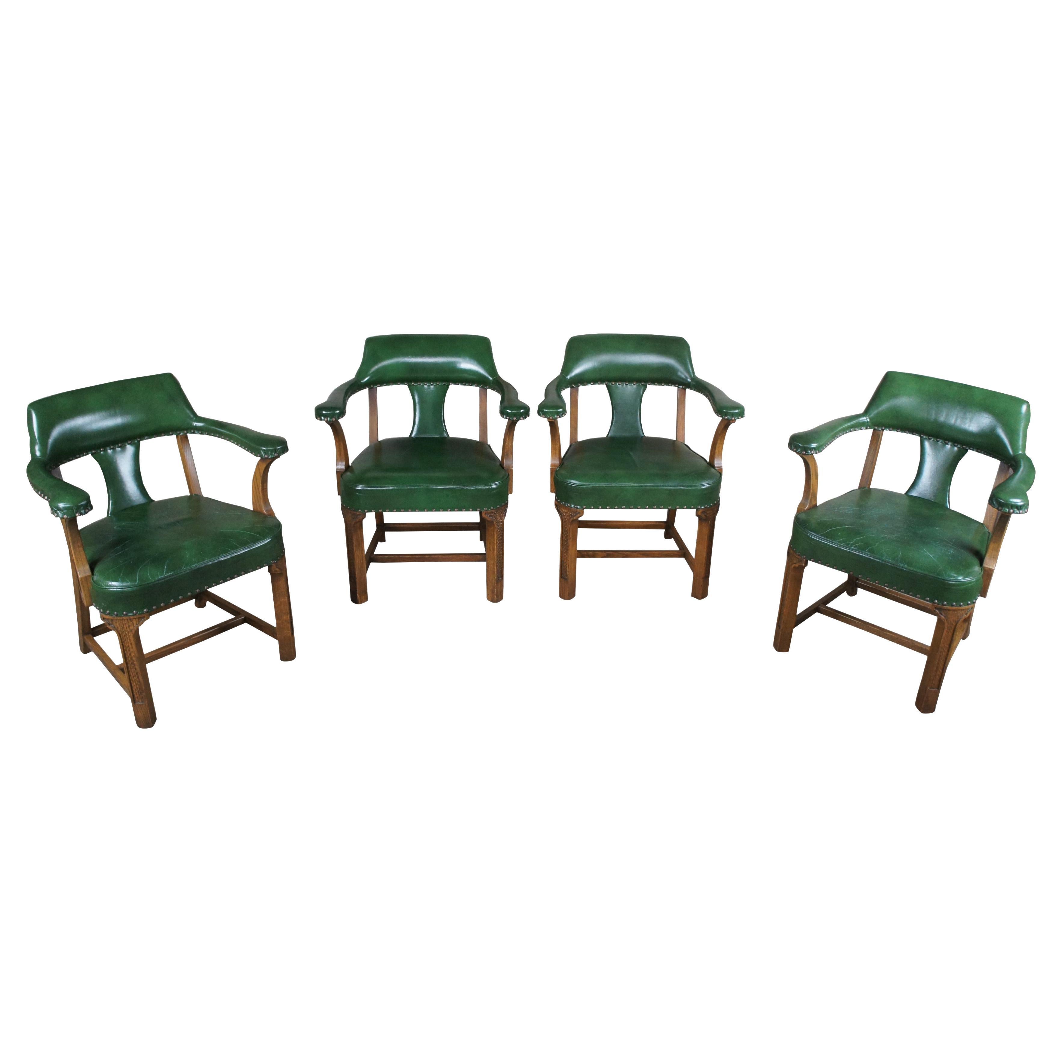 4 Vintage Romweber Viking Oak Green Leather Barrel Back Game Card Bank Chairs
