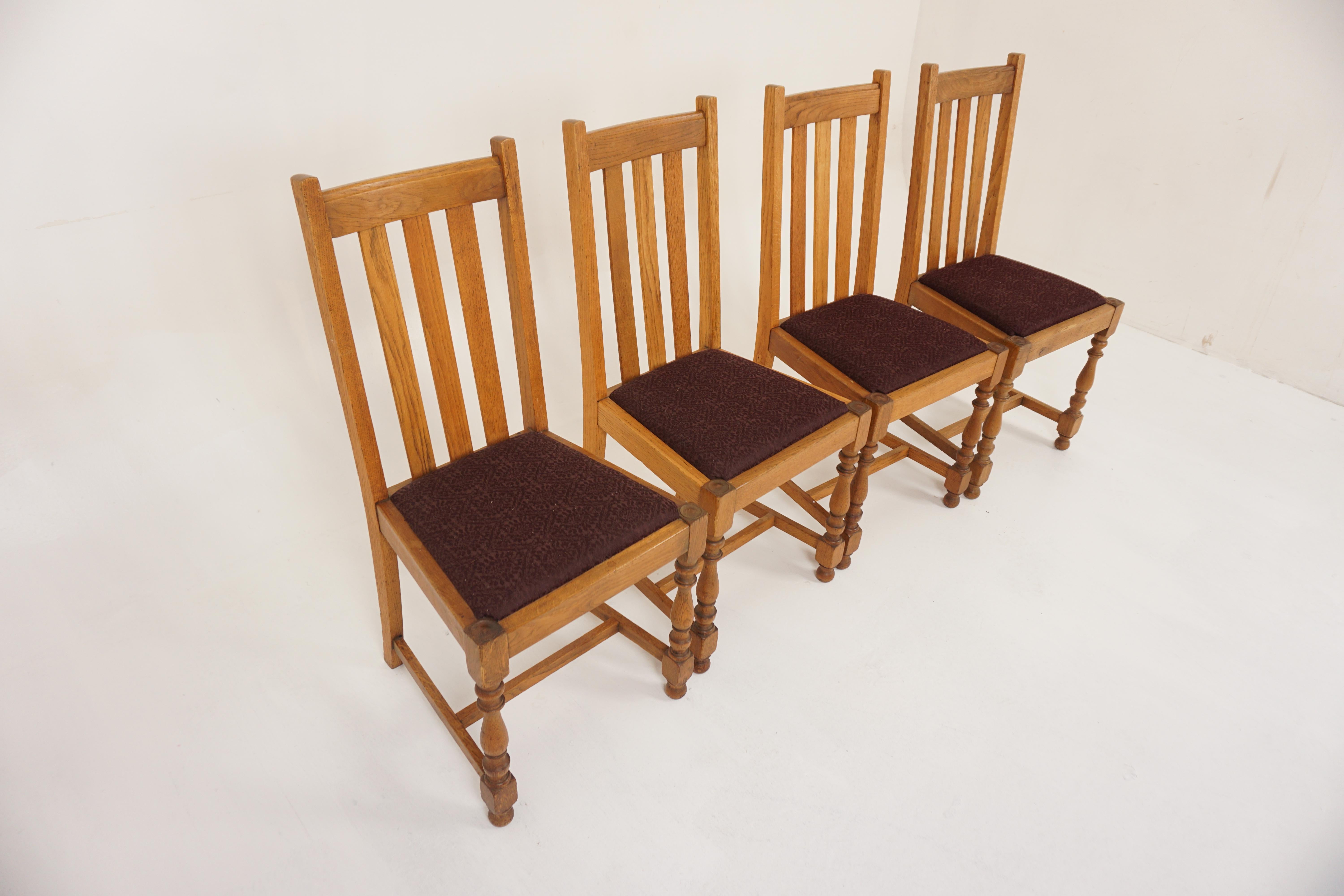 4 Vintage Solid Oak High Back Chairs, Lift Out Seats, Scotland 1920, H1201 

Scotland 1920
Solid Oak
Original Finish
Top rail with three vertical slats
Upholstered seat lifts out making it easy to recover
All standing on turned legs to the front