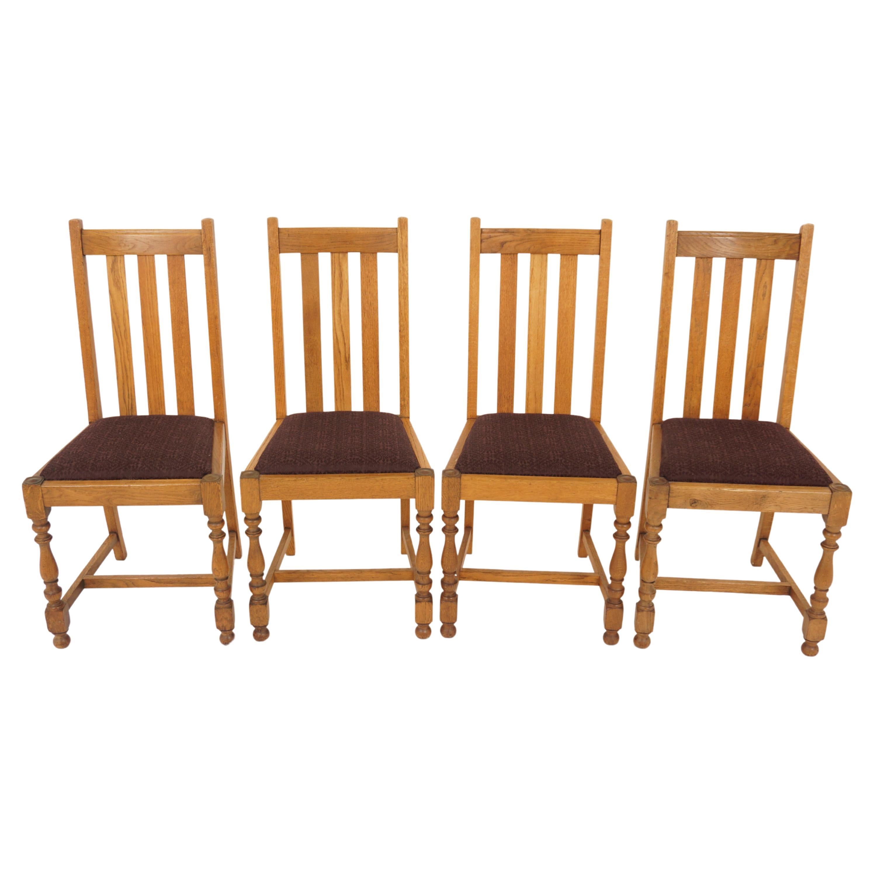 4 Vintage Solid Oak High Back Chairs, Lift Out Seats, Scotland 1920, H1201