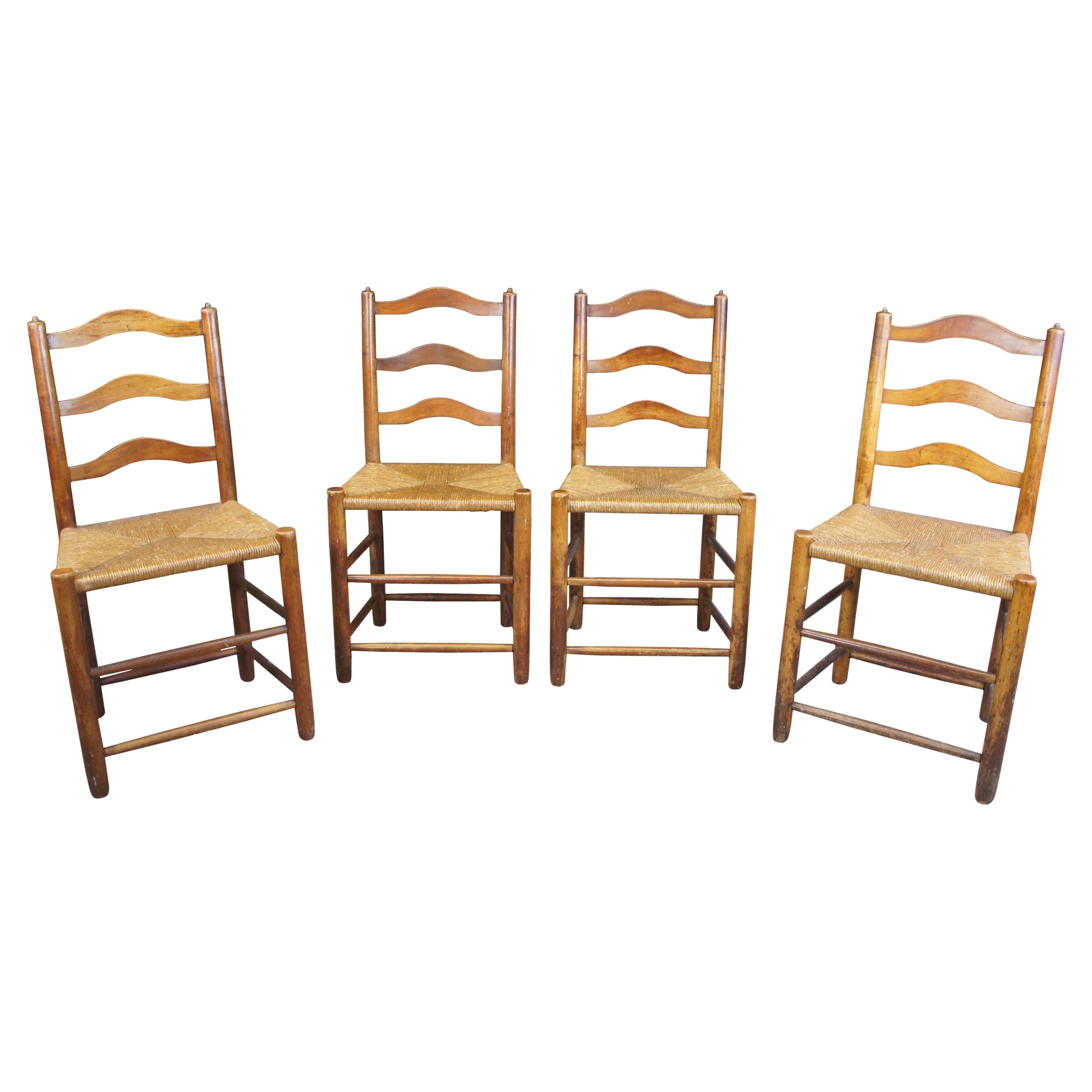 4 Vintage Stickley Maple Shaker Farmhouse Ladder Back Rush Dining Side Chairs
