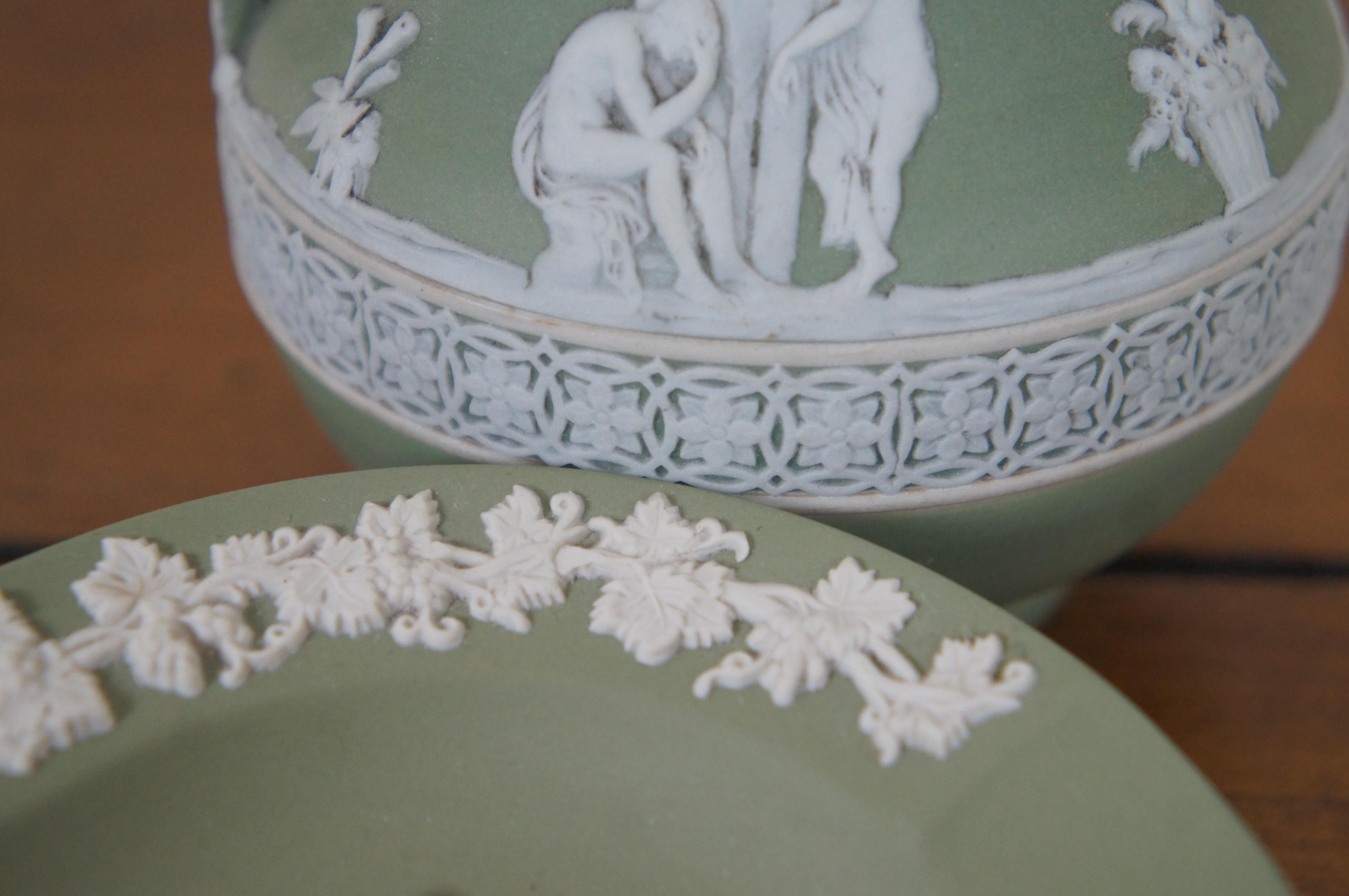4 Vintage Wedgwood Sage Green Jasperware Bas Relief Pitcher Vase Ashtray Dish 3