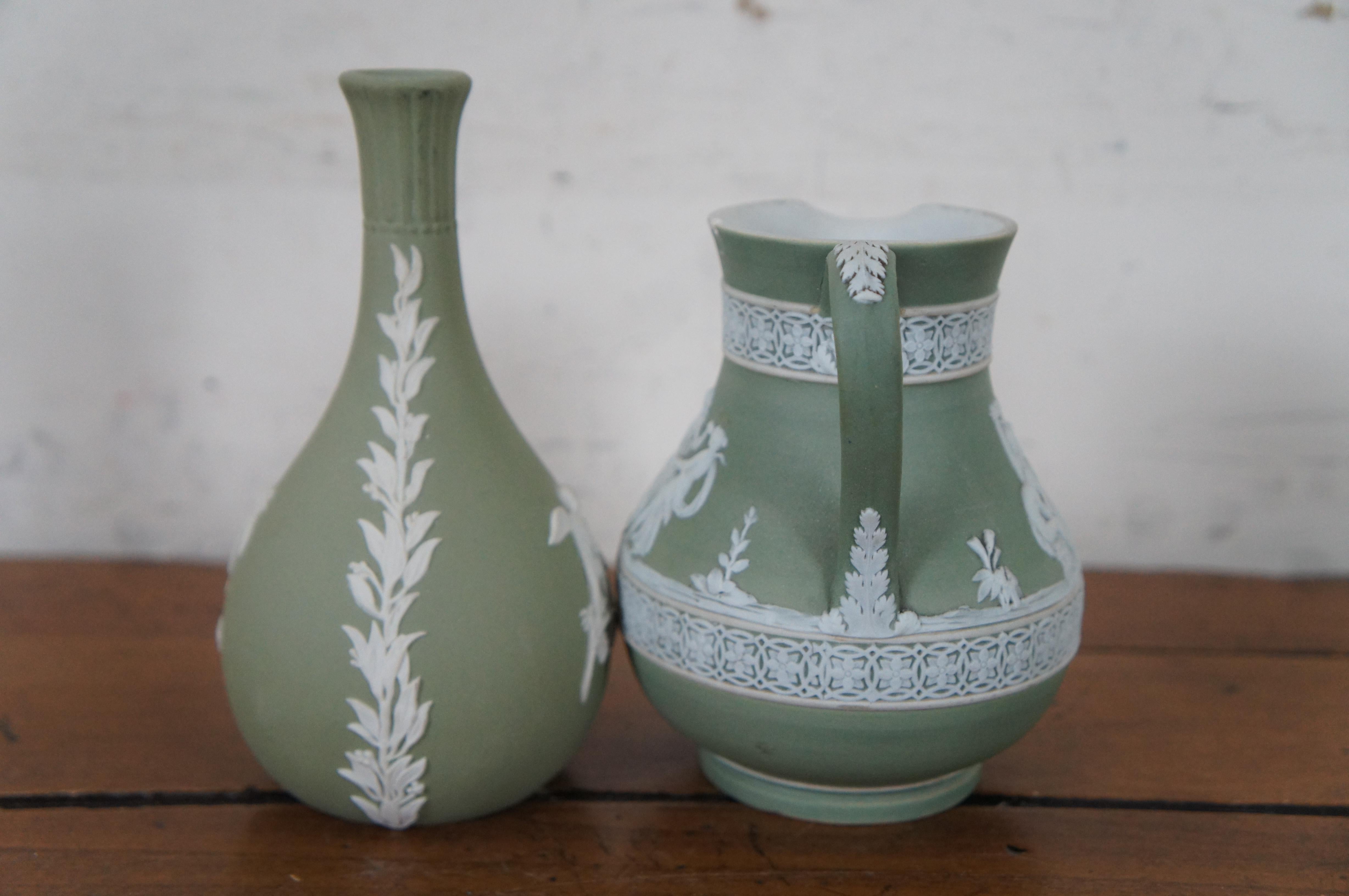 Neoclassical 4 Vintage Wedgwood Sage Green Jasperware Bas Relief Pitcher Vase Ashtray Dish