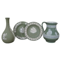 4 Vintage Wedgwood Sage Green Jasperware Bas Relief Pitcher Vase Ashtray Dish