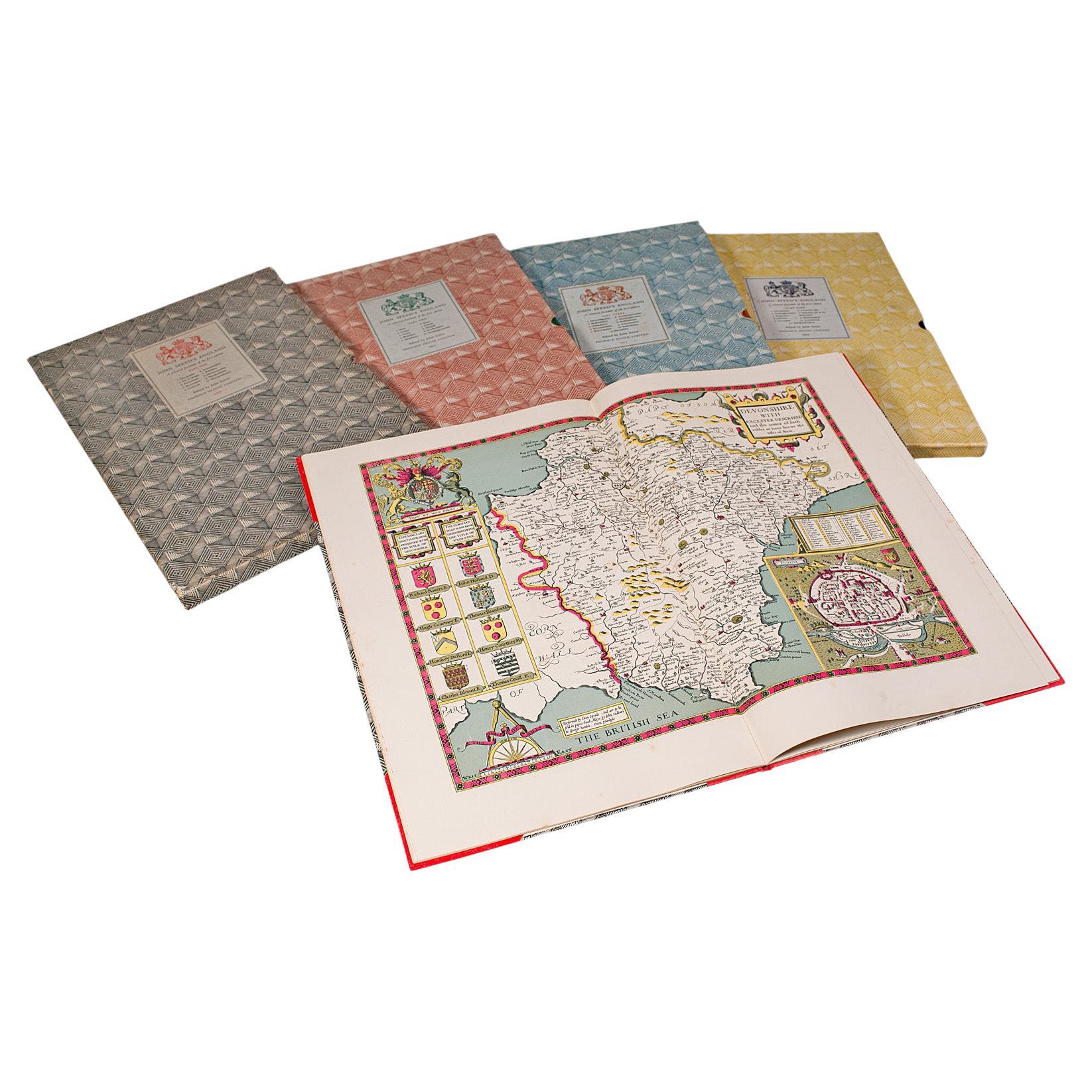 4 Vols Vintage English Maps, John Speed, Cartography Folio, Reproduction, C.1953