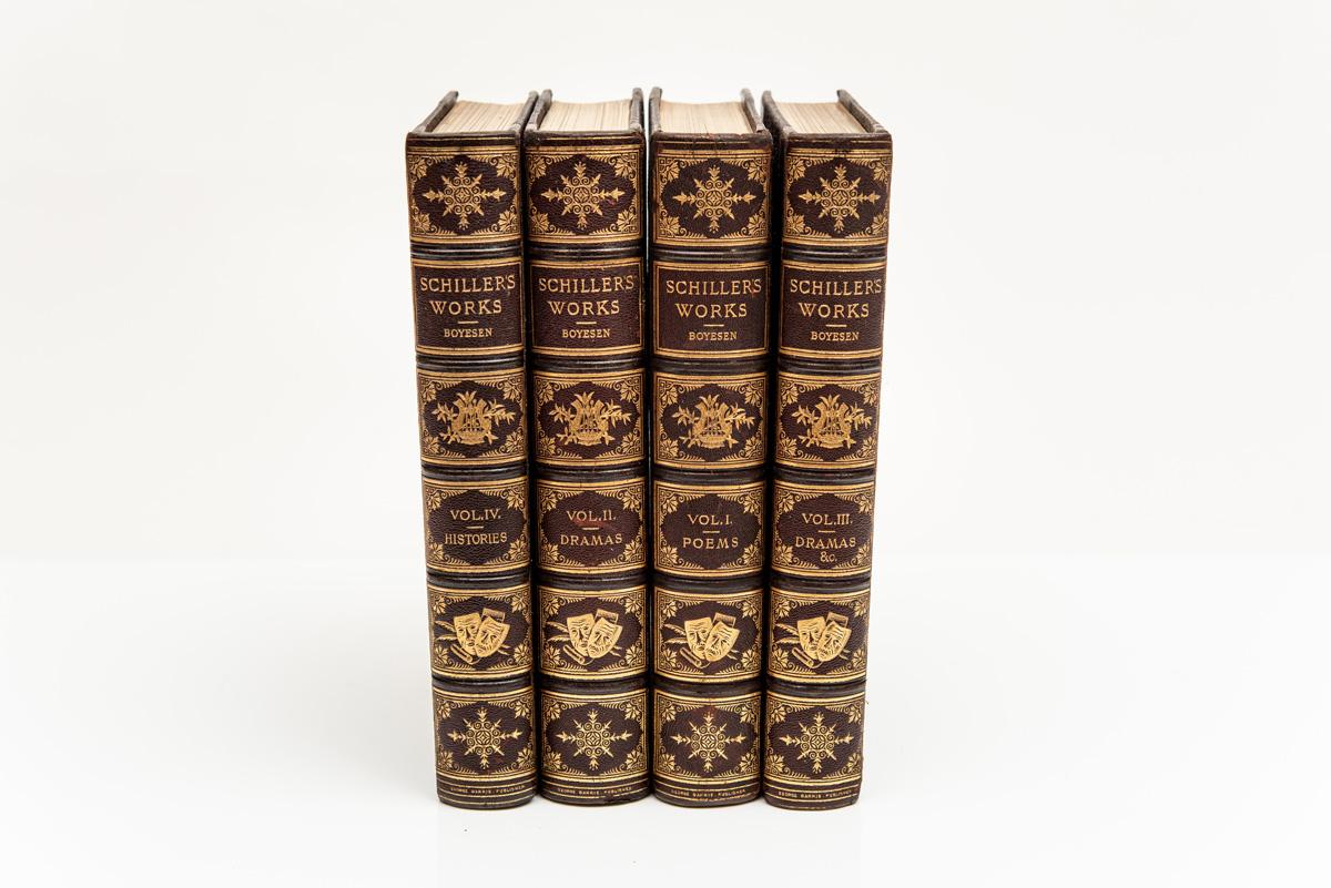 4 Volumes. Friedrich Schiller, The Works. Biographical introduction by Hjalmar H. Boyesen. Bound by Barrie in full black morocco with gilt-tooling on the covers and raised band spines. All edges gilt. Covers neatly rehinged. Portrait frontispiece