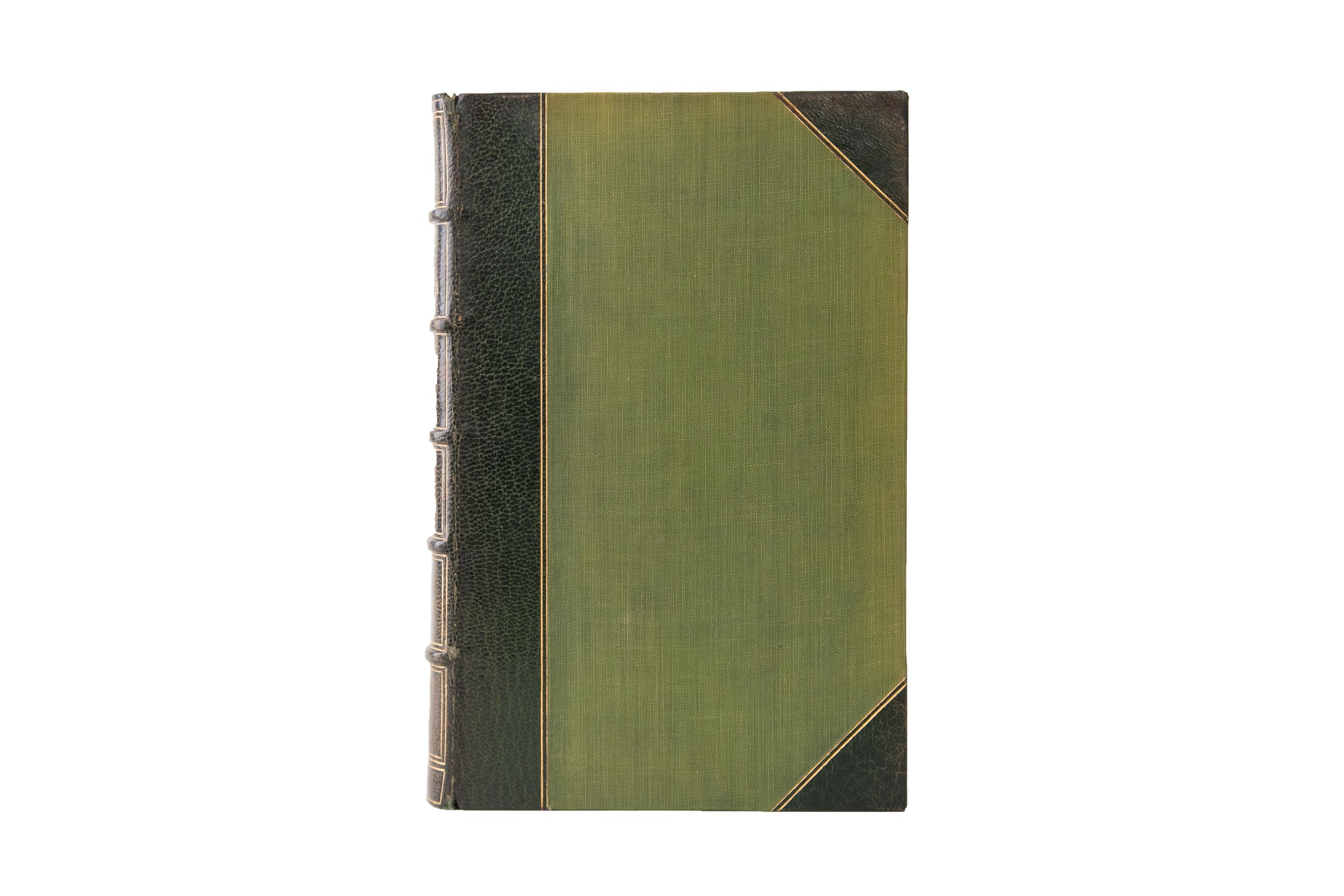 4 Volumes. George Rawlinson, History of Herodotus. Second Edition. Bound in 3/4 green morocco and linen boards double bordered in gilt-tooling. The spines display raised bands, bordering, and label lettering, all gilt-tooled. The top edges are