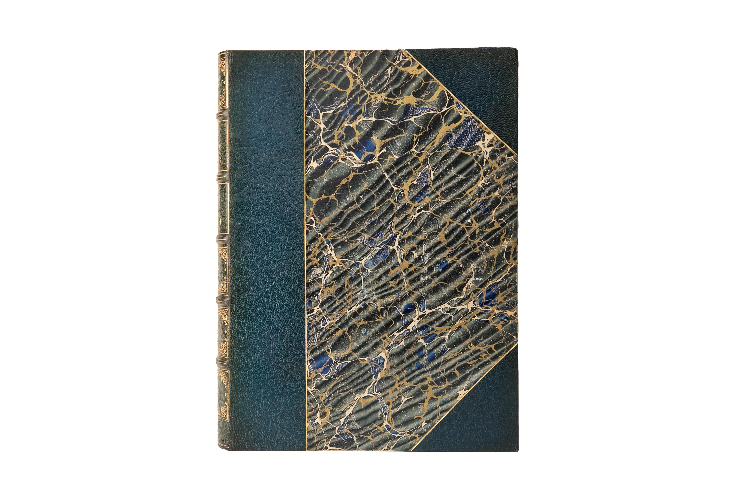 4 Volumes. Homer, The Iliad and The Odyssey. Bound in 3.4 blue morocco and marbled boards with gilt-tooling on the covers and raised band spines. The top edges are gilt with marbled endpapers. Translated by William Cullen Bryant. Published by