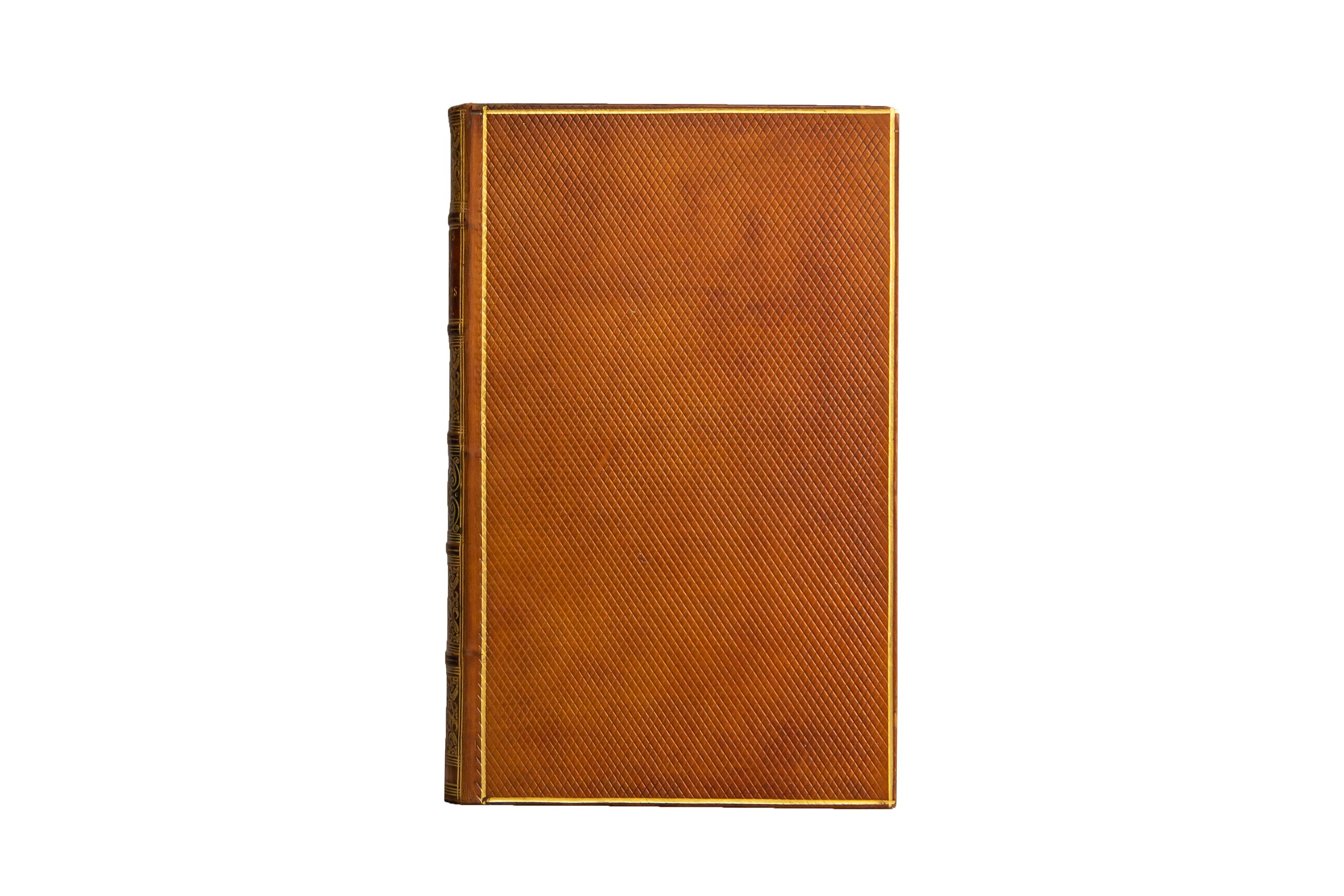 4 Volumes. James Browne, A History of the Highlands and of the Highland Clans. First Edition. Bound in full tan calf with diced boards bordered in gilt. Raided band spines with panels displaying beautifully ornate floral detailing and labels in tan