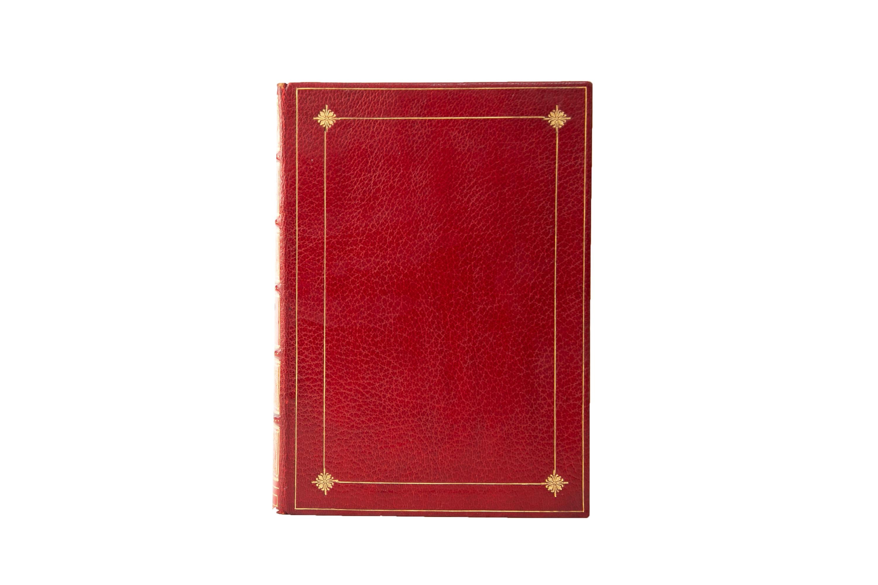 4 Volumes. John Froissart, The Chronicles of England, France, Spain & Other Adjoining Countries. Extra Illustrated Edition. Bound in full red morocco with the covers displaying a double border and floral details in the corners, both gilt-tooled. The