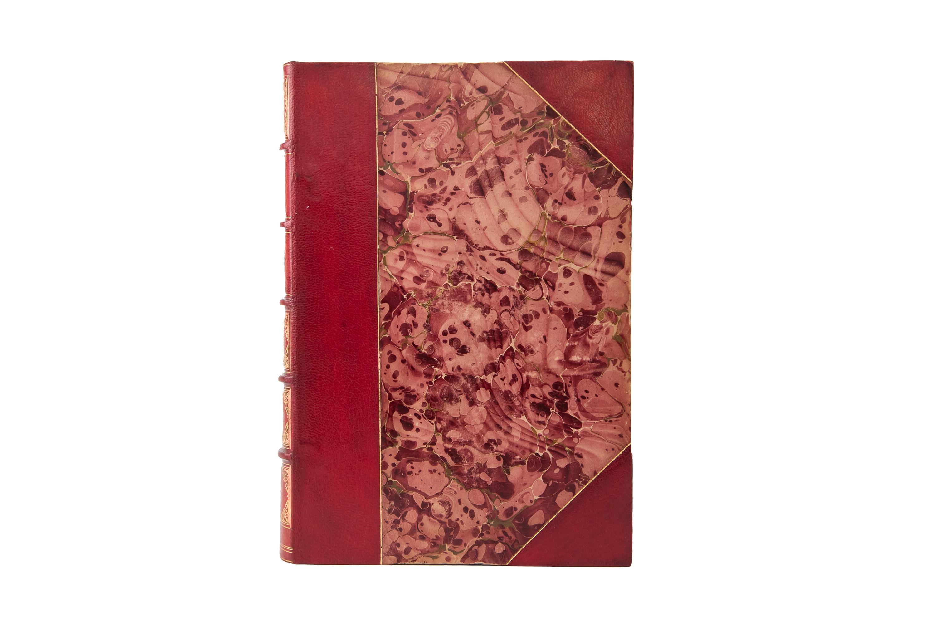 4 Volumes. J.R. Green, A Short History of English People. Illustrated Edition. Bound in 3/4 red morocco and marbled boards bordered in gilt-tooling. The raised band spines display gilt-tooled details. Top edges gilt with marbled endpapers. Edited by