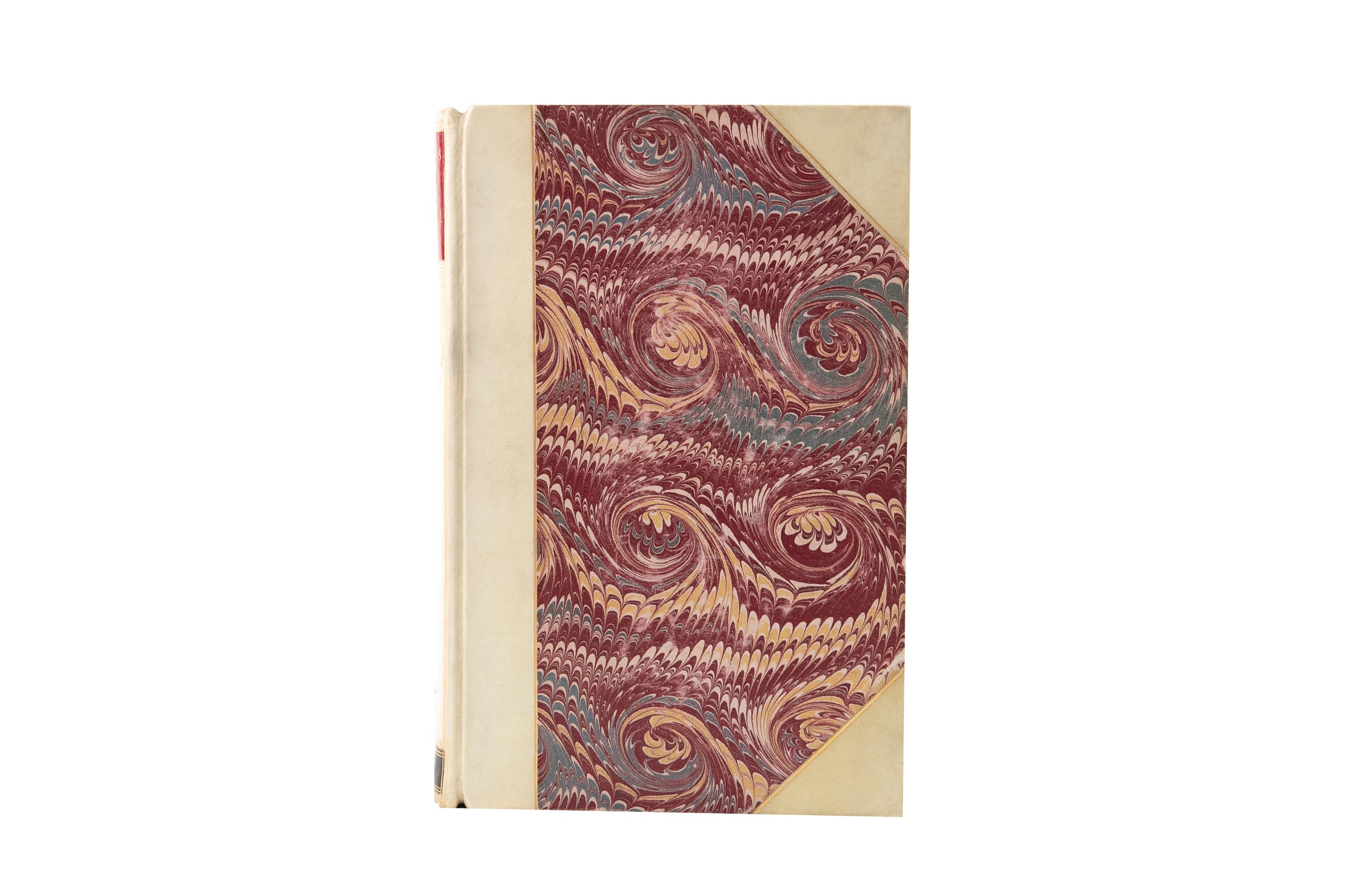 4 Volumes. Oliver Goldsmith, The Works. Edited by
Peter Cunningham. Bound in 3/4 vellum, marbled boards, marbled endpapers, red edges, and gilt spines. Published: London: John Murray 1854