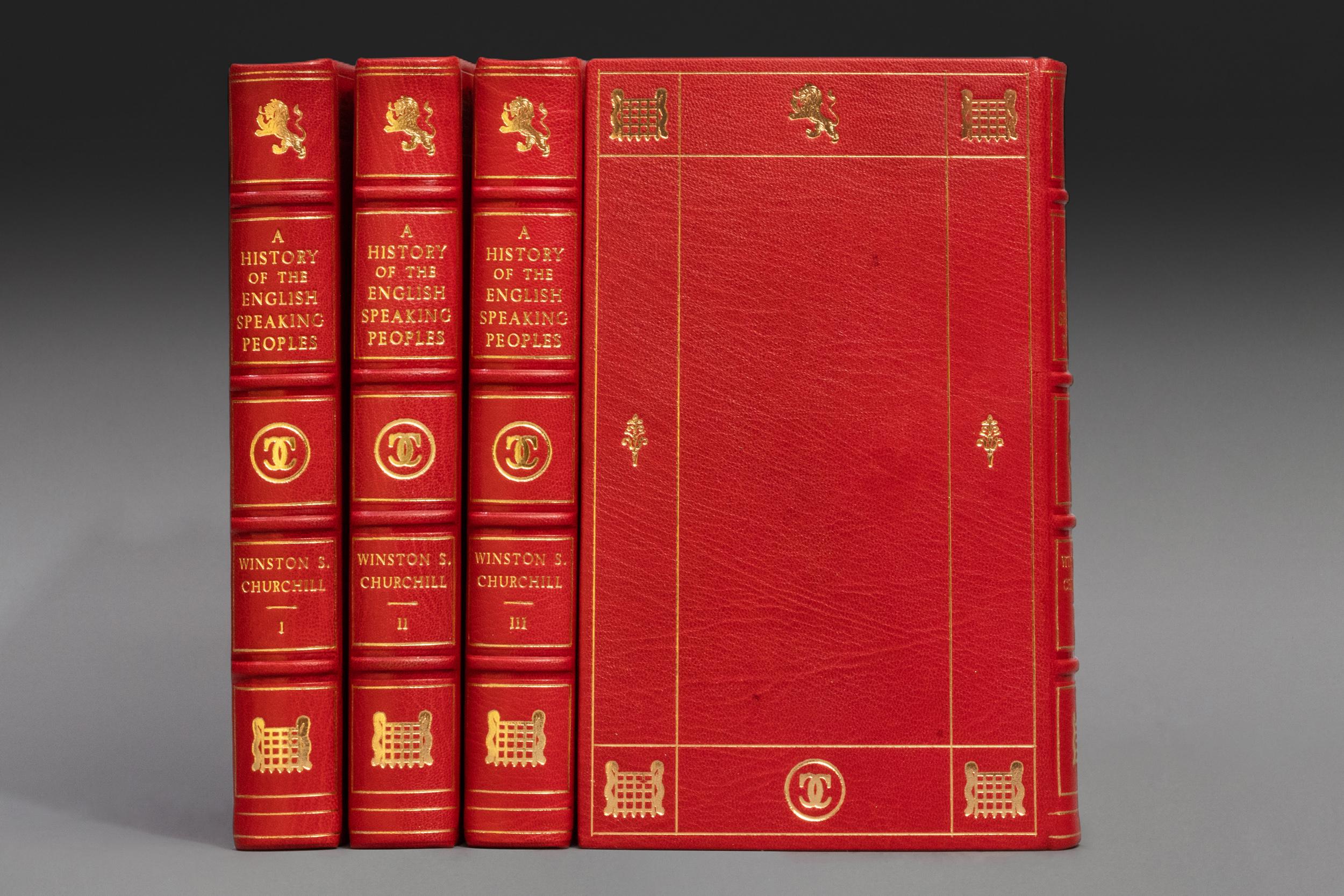 4 Volumes. Sir Winston S. Churchill, A History of the English Speaking Peoples. Rebound in full red morocco. All edges gilt. Raised bands. Ornate gilt on covers and spine. Illustrated. Marbled endpapers. Published: London; Cassell & Co. Ltd. First