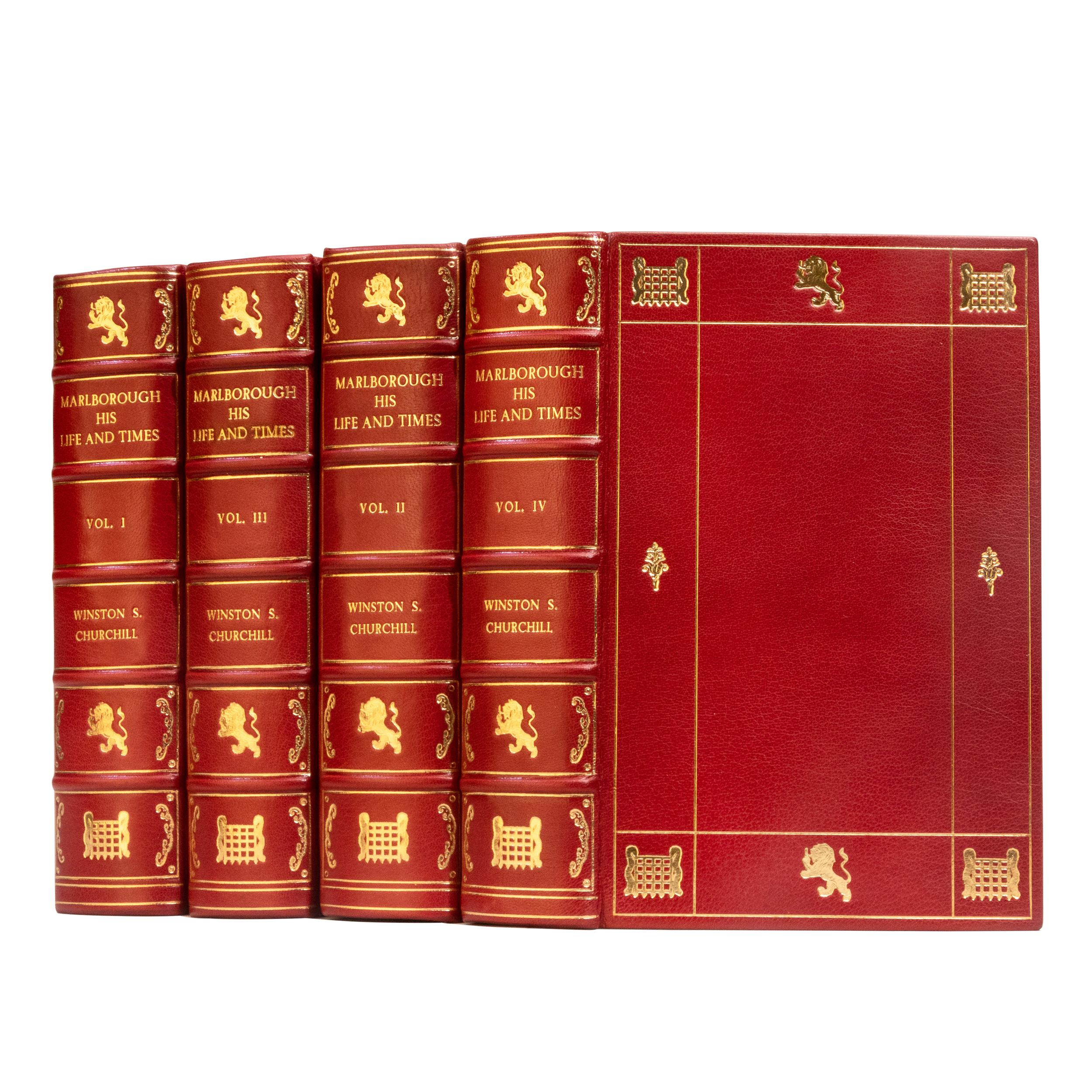 4 Volumes. Sir Winston S. Churchill. Marlborough. His Life And Times.
Rebound in full red morocco, all edges gilt, raised bands, ornate gilt on covers and spines, marbled endpapers, illustrated. Published: George G. Harrap & Co.
1933-38 First