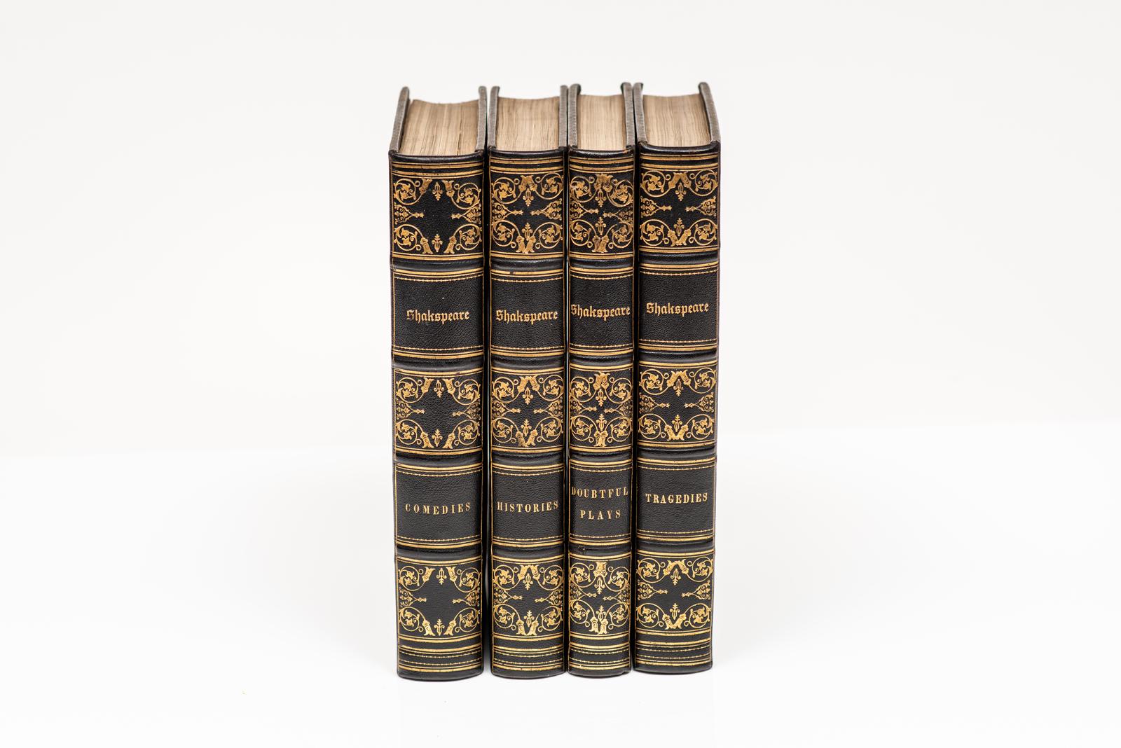 2 Volumes. Shakespeare. The Works of Shakespeare, with notes by Charles Knight. Imperial Edition. Bound in full brown morocco with ornate gilt-tooling on covers and raised band spine. All edges gilt. Portrait frontispiece with illustrations on steel