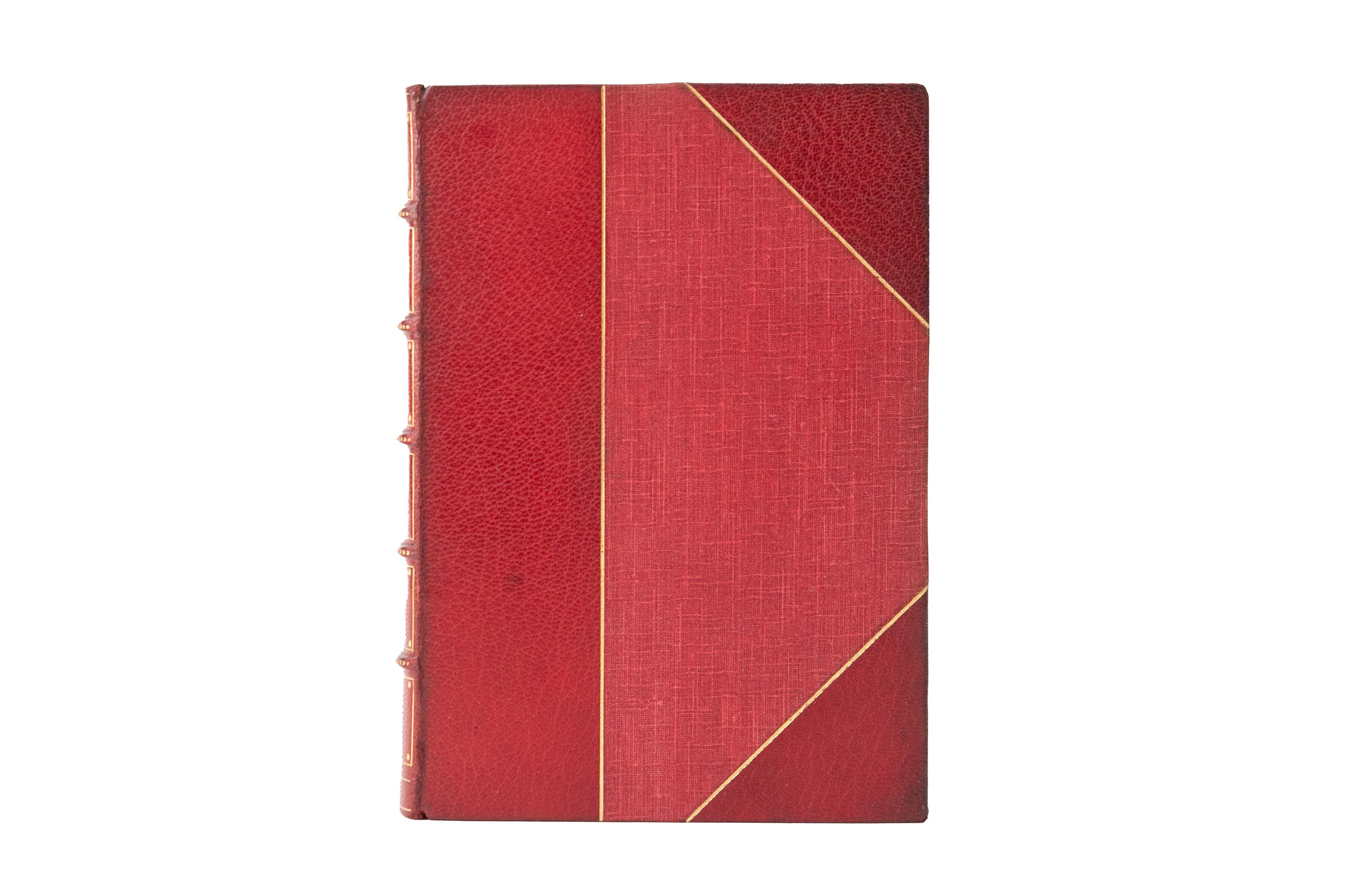 4 Volumes. Thomas Carlyle, Cromwell's Letters. Bound in 3/4 red morocco and linen boards bordered in gilt-tooling. Raised band spines decorated with gilt-tooling. Top edge gilt with linen endpapers. Includes Elucidations. London: Chapman & Hall,