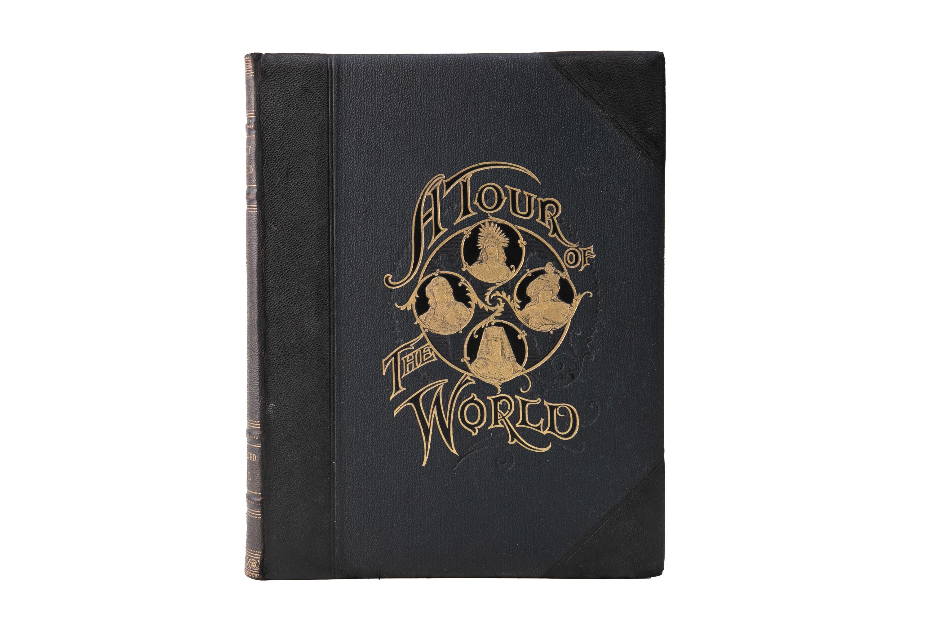 4 Volumes. (Travel) A tour of the World. Bound in 3/4 navy morocco with the covers and raised band spines displaying ornate gilt-tooled imagery. All edges are gilt. Illustrated in color, black, and white. Edited by Professor Leo de Colange with an