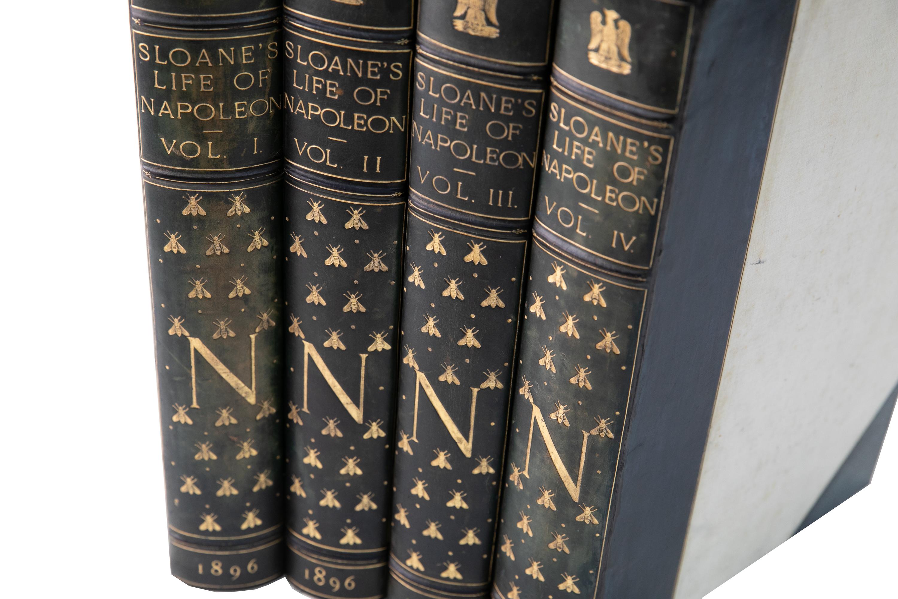 4 Volumes. William Milligan Sloane, The Life of Napoleon Bonaparte. First Edition. Bound in 3/4 blue calf and linen boards with the covers and raised band spines displaying gilt-tooled detailing. The top edges are gilt with marbled endpapers.