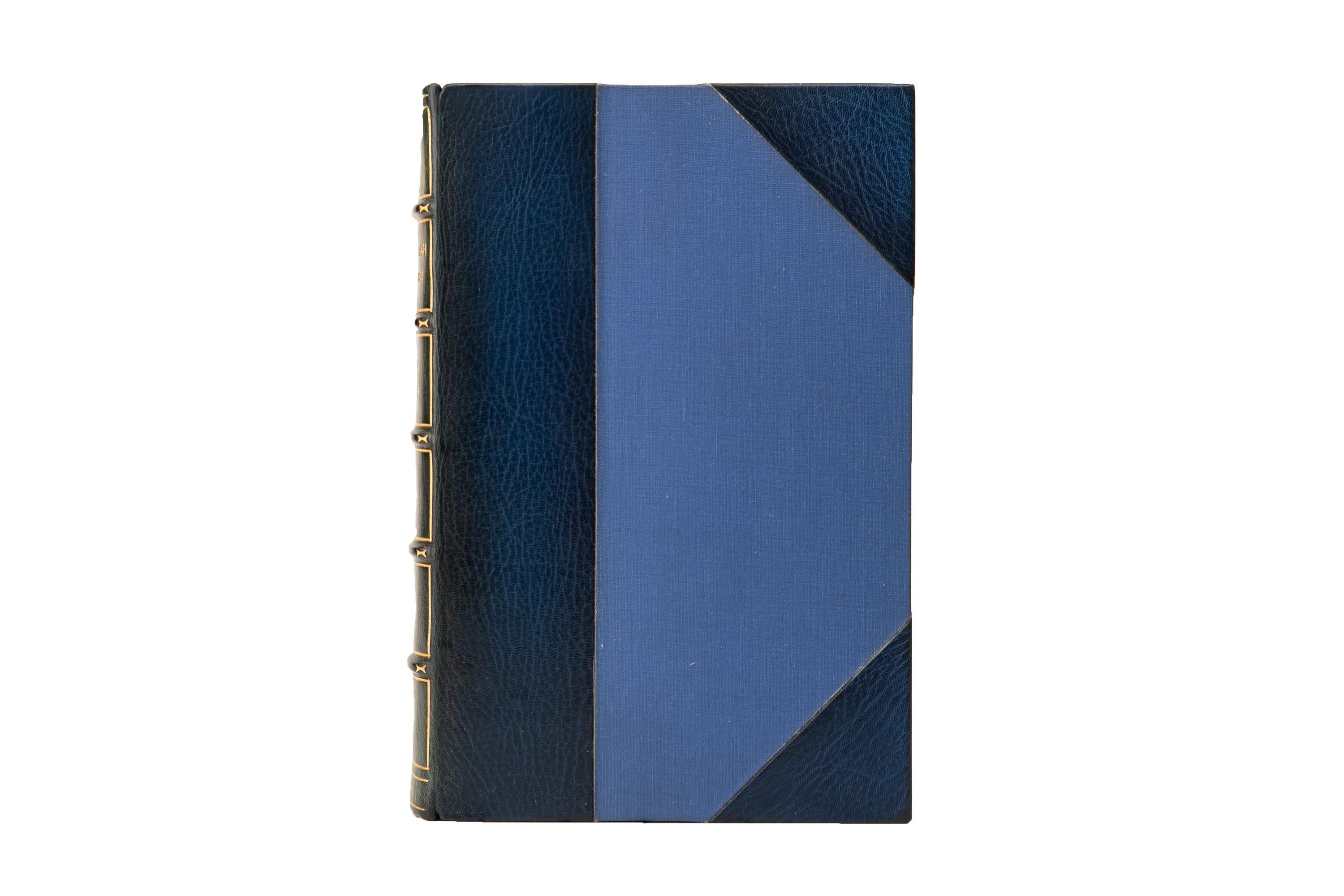 4 Volumes. Winston Churchill, Marlborough: His Life & Times. First Edition. Bound by Frost & Co. in 3/4 blue morocco and linen boards with the raised band spines gilt-tooled. The tip edge is gilt with marbled endpapers. London: George G. Harrap &