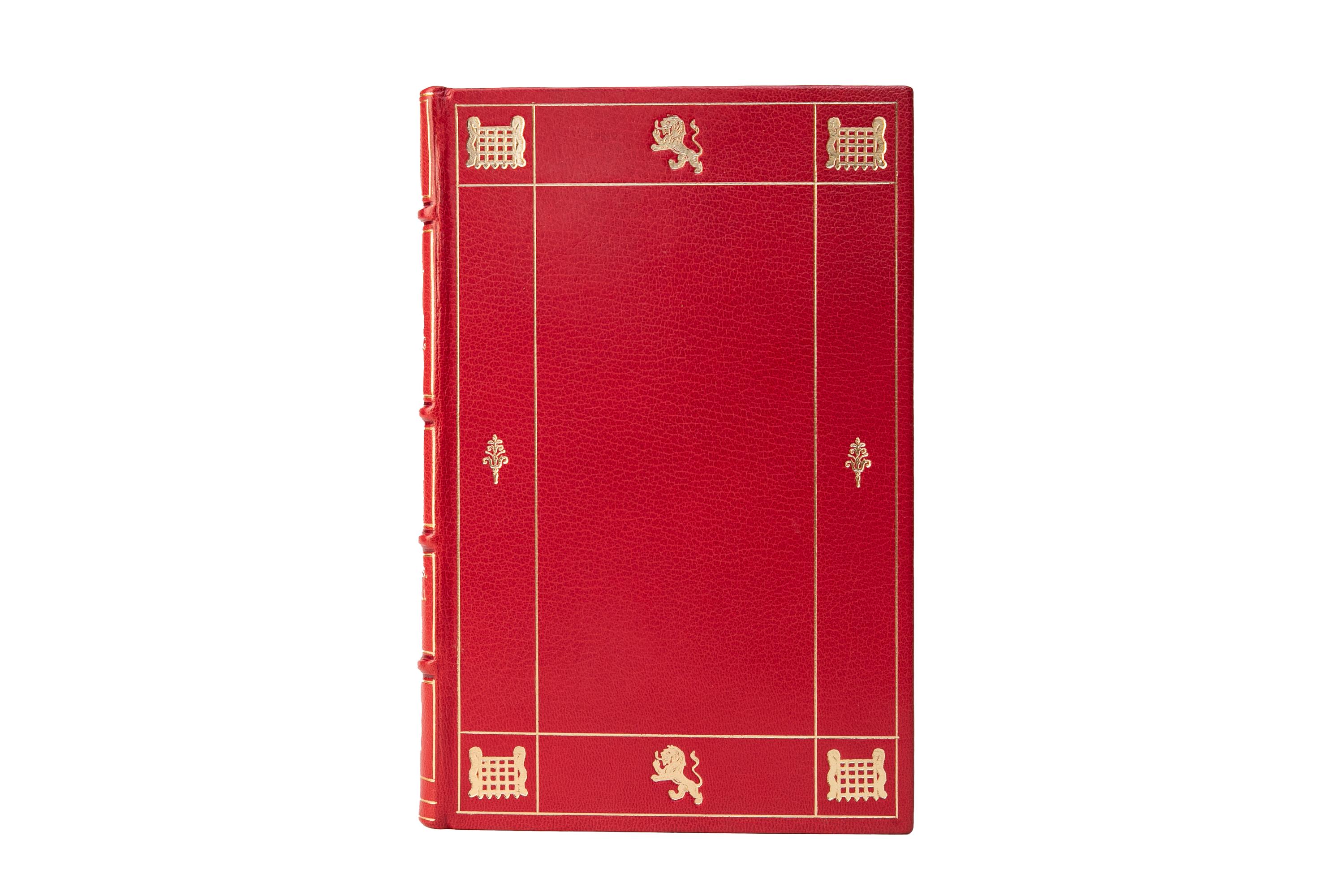 4 Volumes. Winston S. Churchill, A History of English Speaking Peoples. First Edition. Bound in full red morocco with covers displaying rued gilt-tooled borders as well as British detailing. Raised bands with panels displaying lion and gate details
