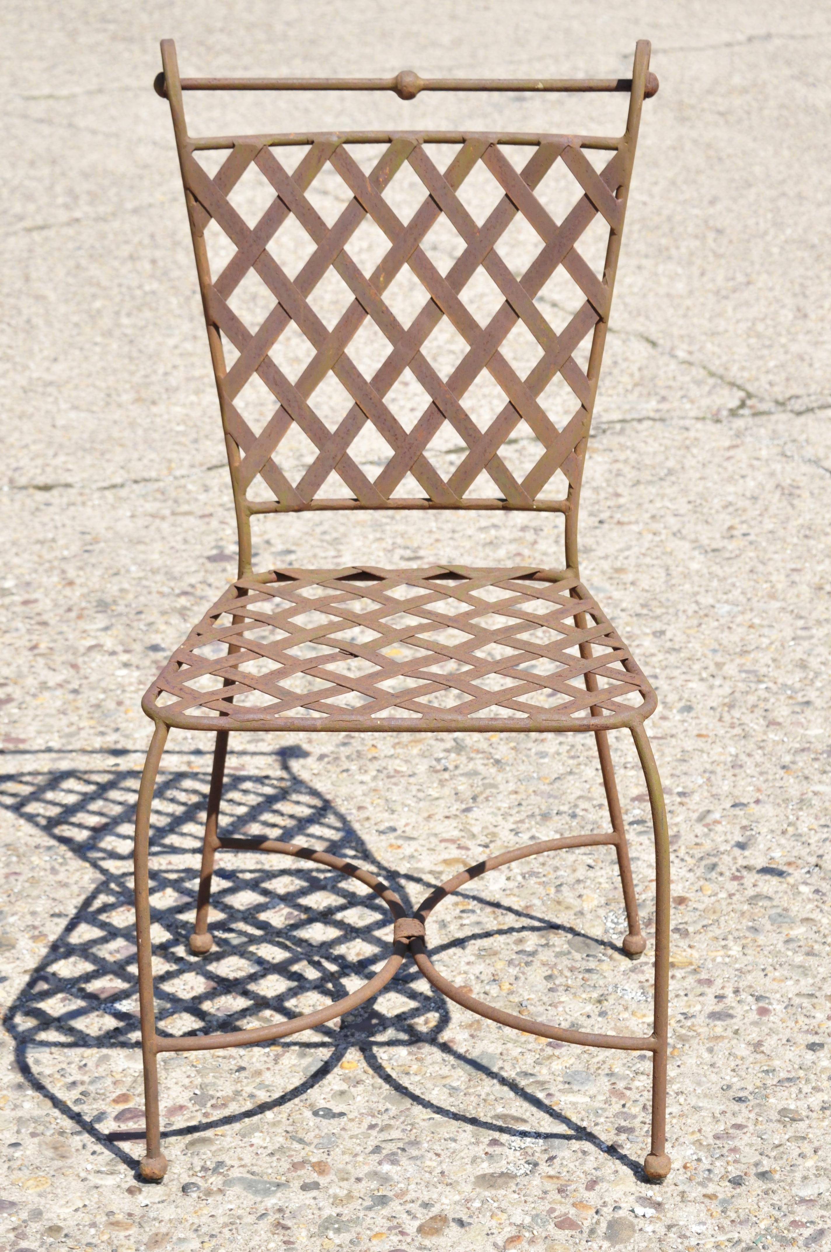 European 4 Woven Lattice Wrought Iron Italian Neoclassical Garden Patio Dining Chairs