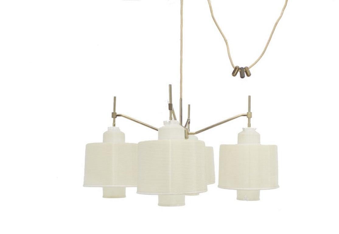Molded 4 White Acrylic Shade Mid Century Modern Adjustable Light Fixture Chandelier For Sale