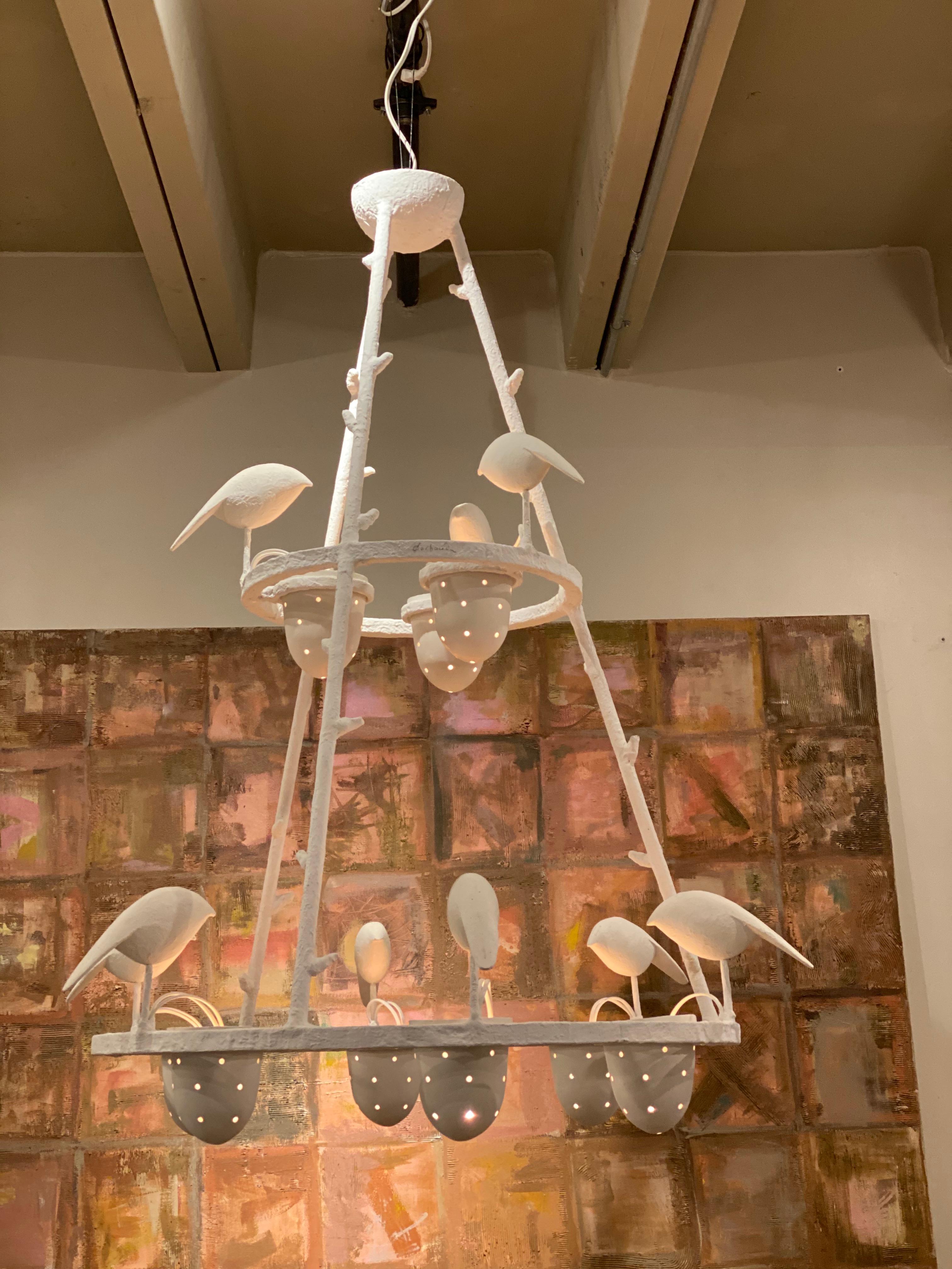 White Plaster Bird Chandelier, Jacques Darbaud, France, 2010 In Excellent Condition In Austin, TX