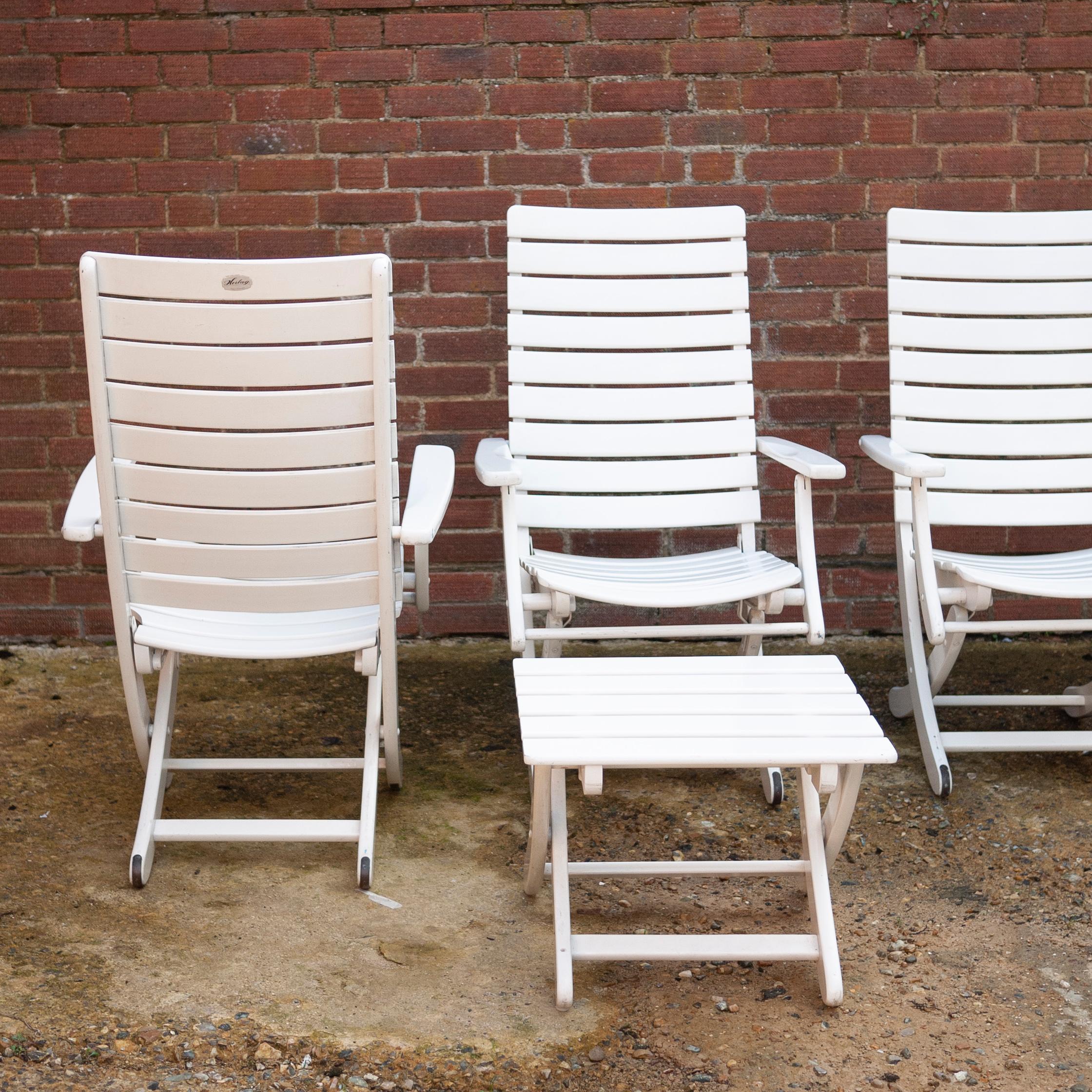 4 weiße deutsche Gartenstühle und Hocker aus Holz von Herlag, 5er-Set, 1980er Jahre 4