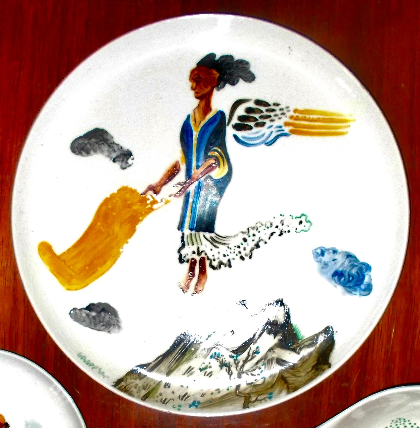 Hand-Painted 4 William Gropper Oil Painted Dishes 'B'