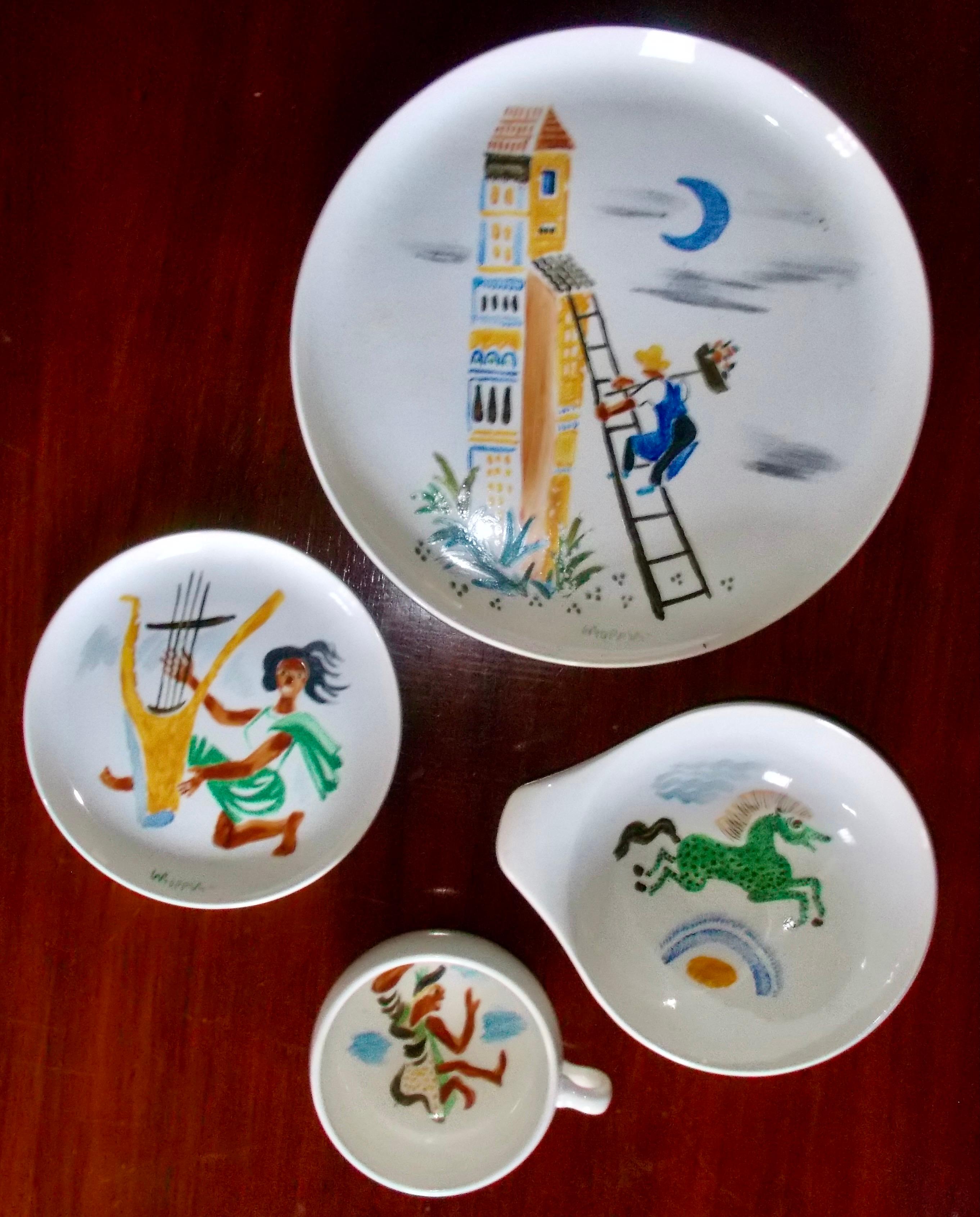A set of four: cup, saucer, dinner plate and bowl, with paintings of mythological subjects on each by William Gropper. Russel Wright's 
