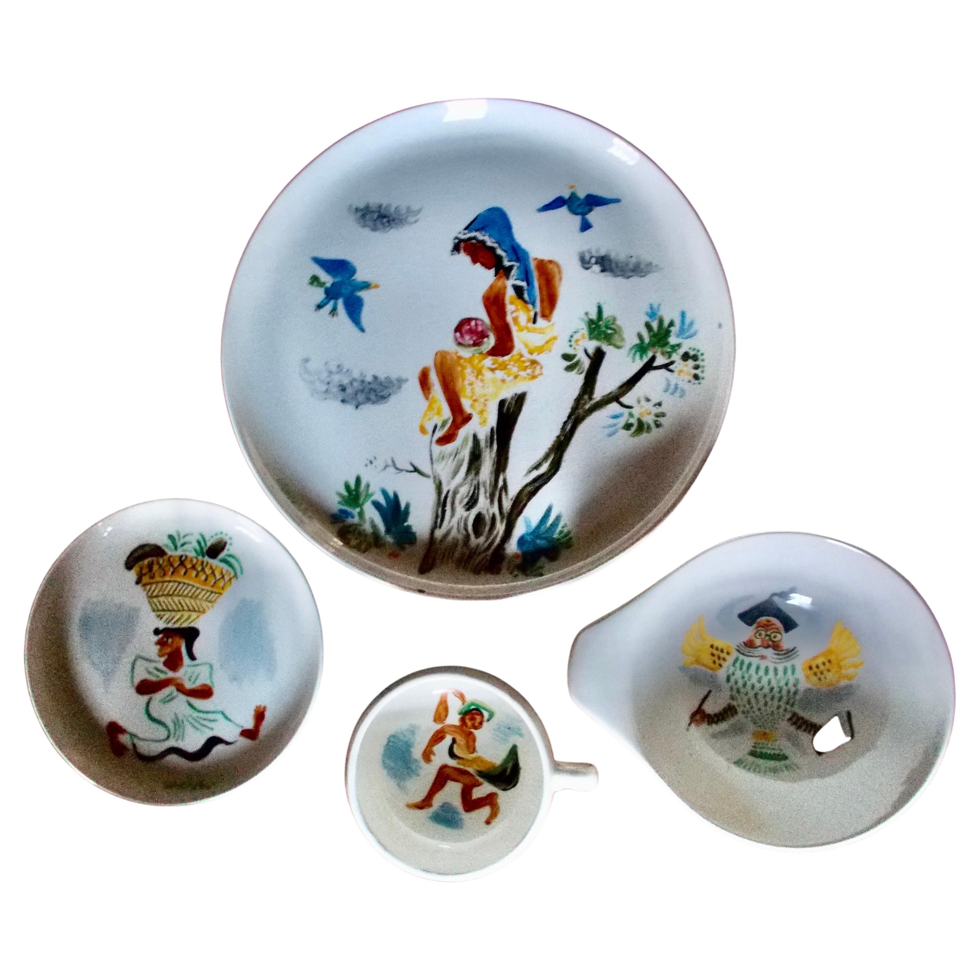 A set of four: cup, saucer, dinner plate and bowl, with paintings of mythological subjects on each by William Gropper. Russel Wright 