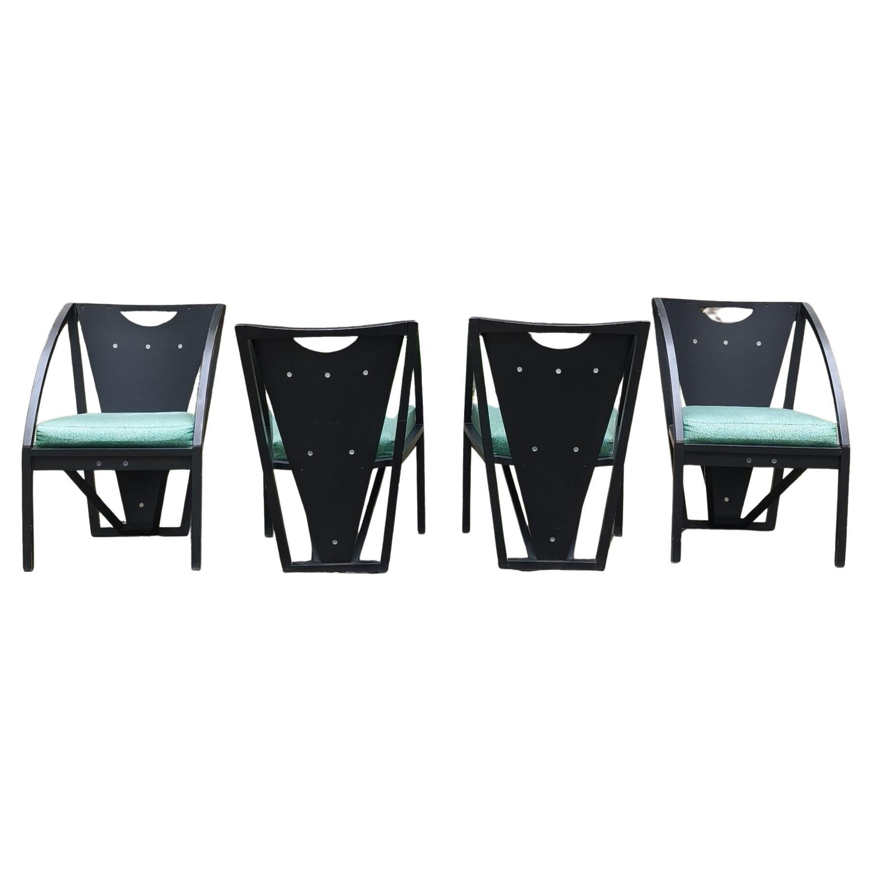 4 wooden armchairs by Pascal Mourgue, covered in fabric, 1980s