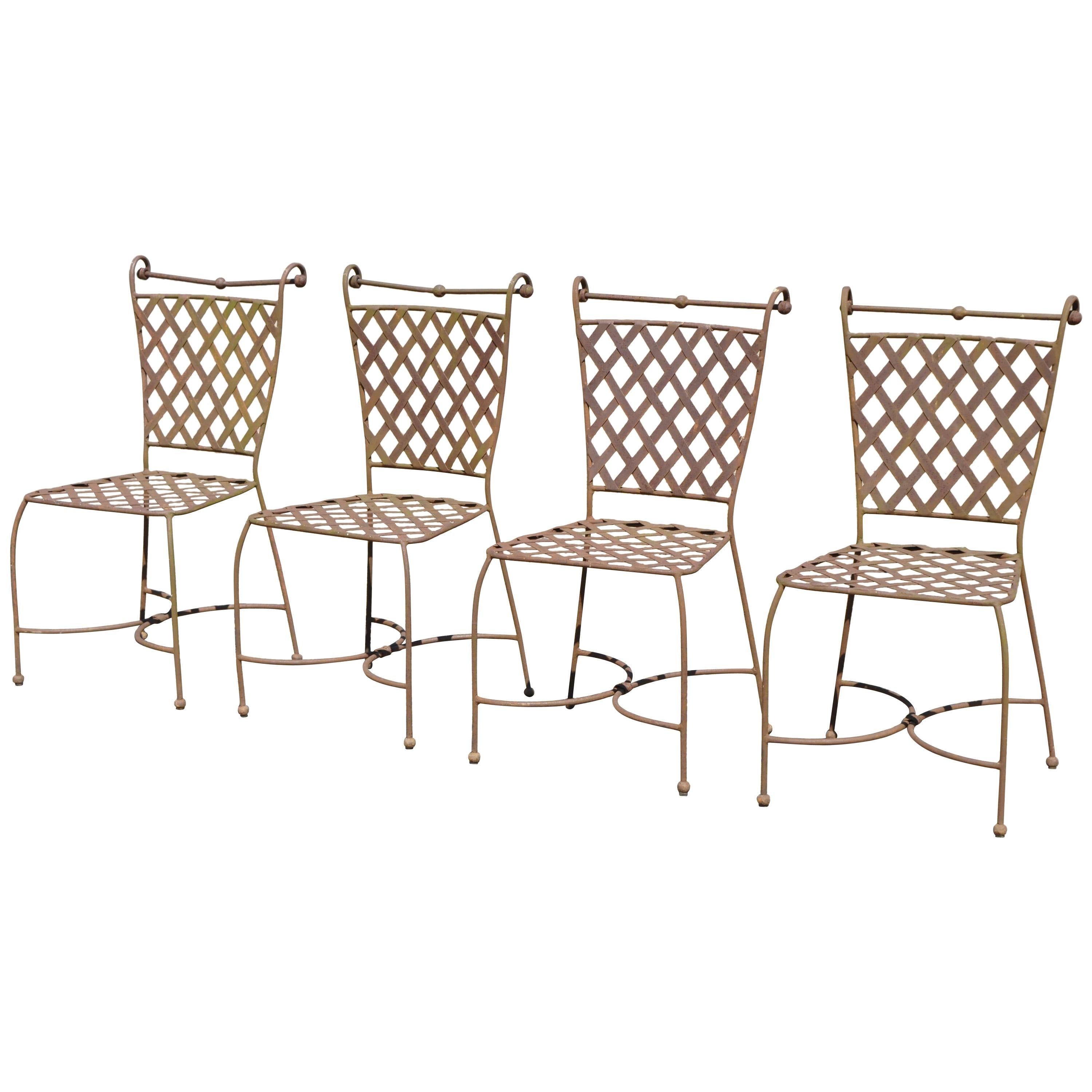 4 Woven Lattice Wrought Iron Italian Neoclassical Garden Patio Dining Chairs