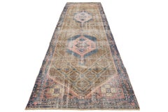 4 x 15 Vintage Distressed Persian Wool Runner In Brown With Tribal Motif