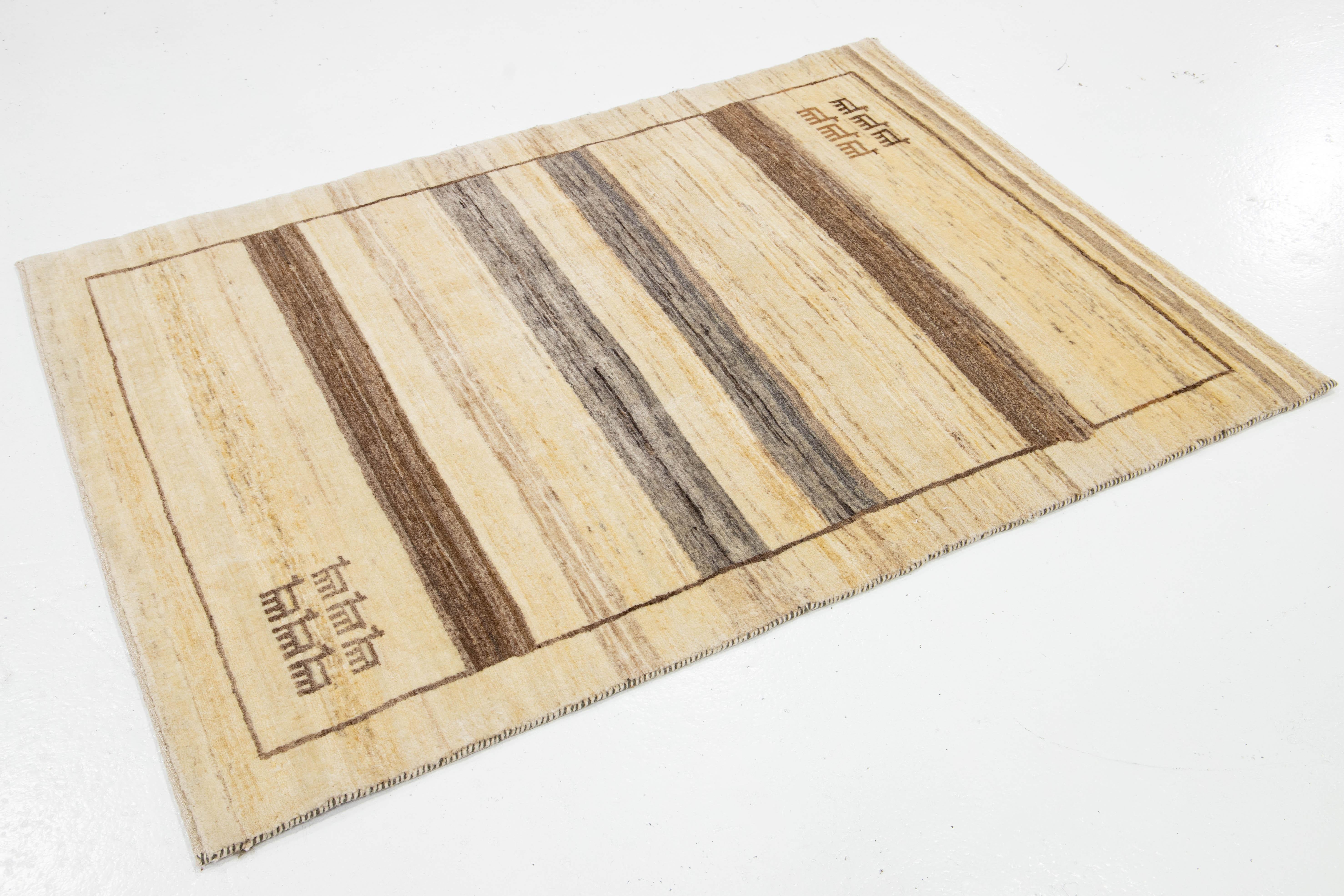 Hand-Woven 4 x 5 Contemporary Persian Gabbeh Wool Scatter Rug in Beige For Sale