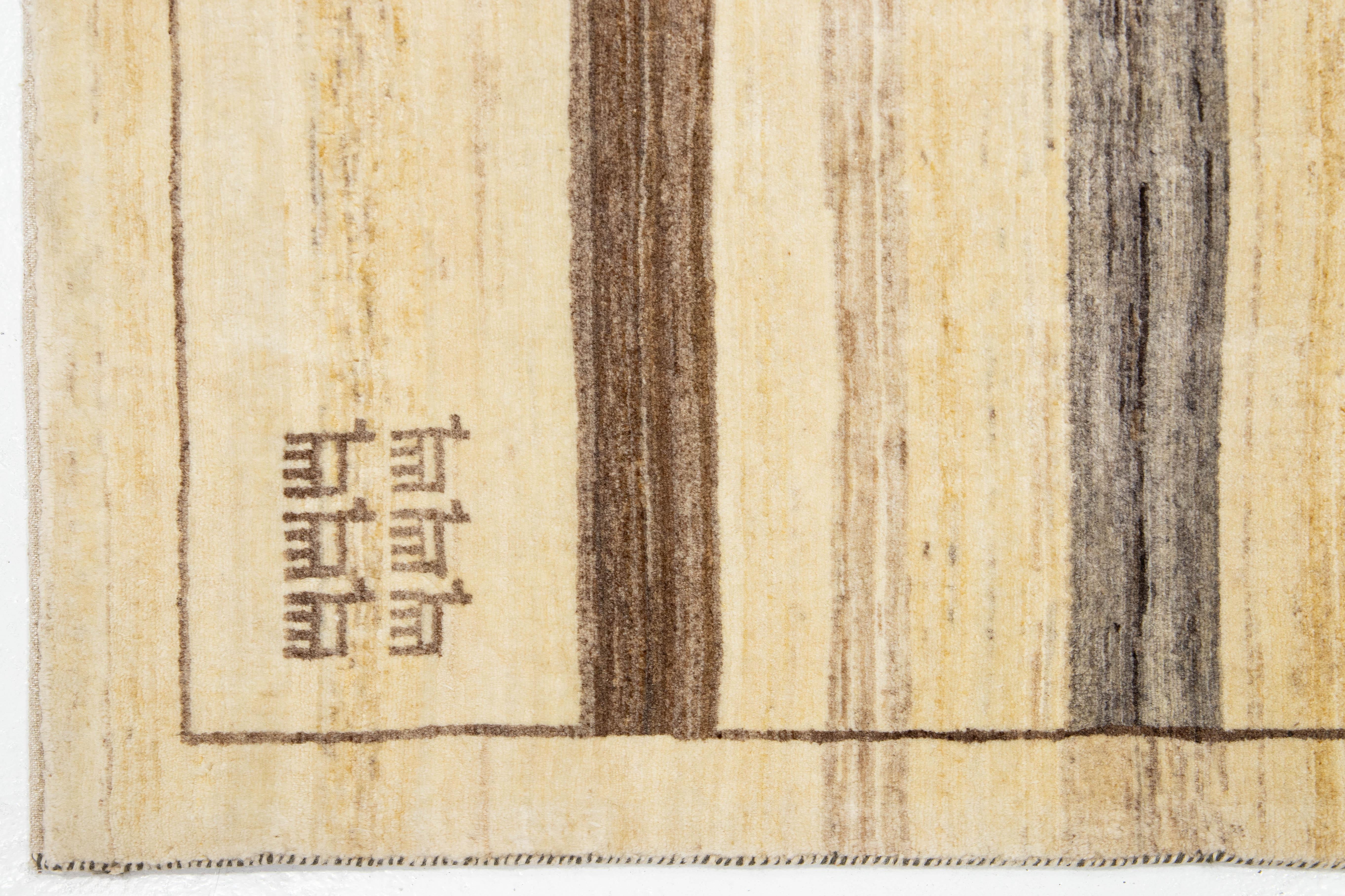 4 x 5 Contemporary Persian Gabbeh Wool Scatter Rug in Beige For Sale 1