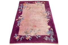 4 x 6 Tappeto antico cinese Art Deco in lana rosa con disegno floreale