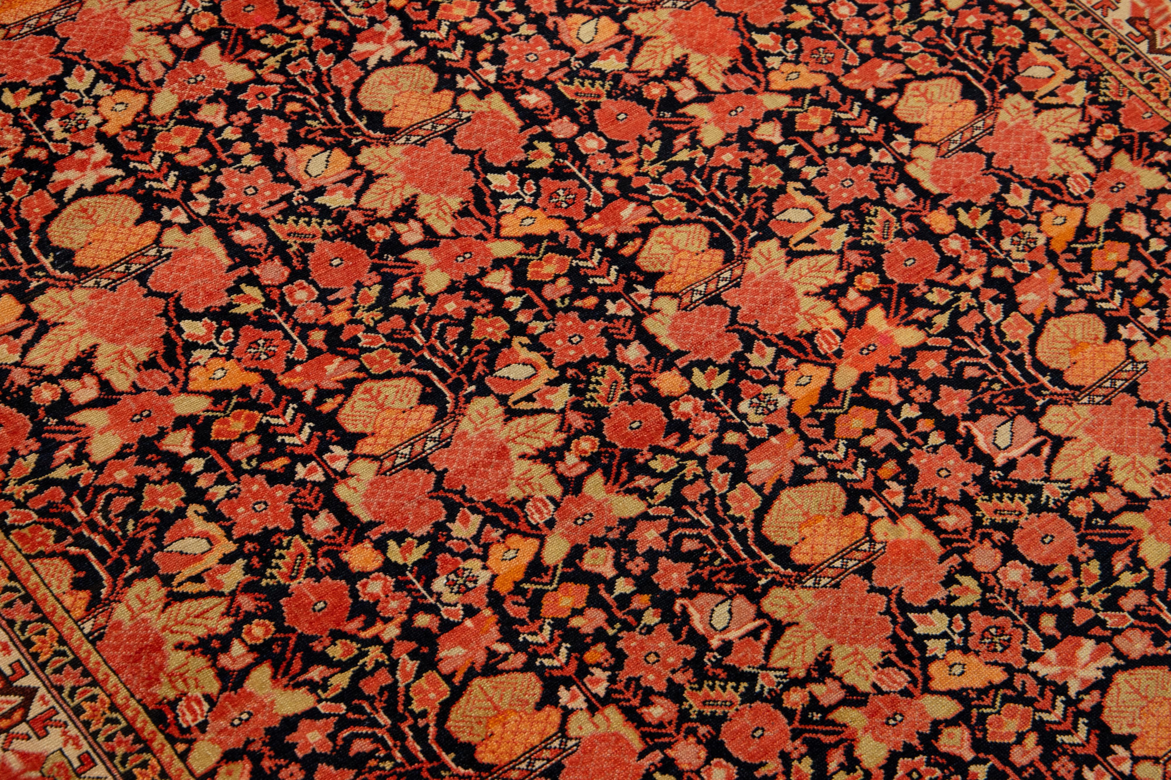 4 x 6 antiker persischer Malayer-Teppich aus orangefarbener Wolle mit Aoover-Blumenmuster (Persisch) im Angebot
