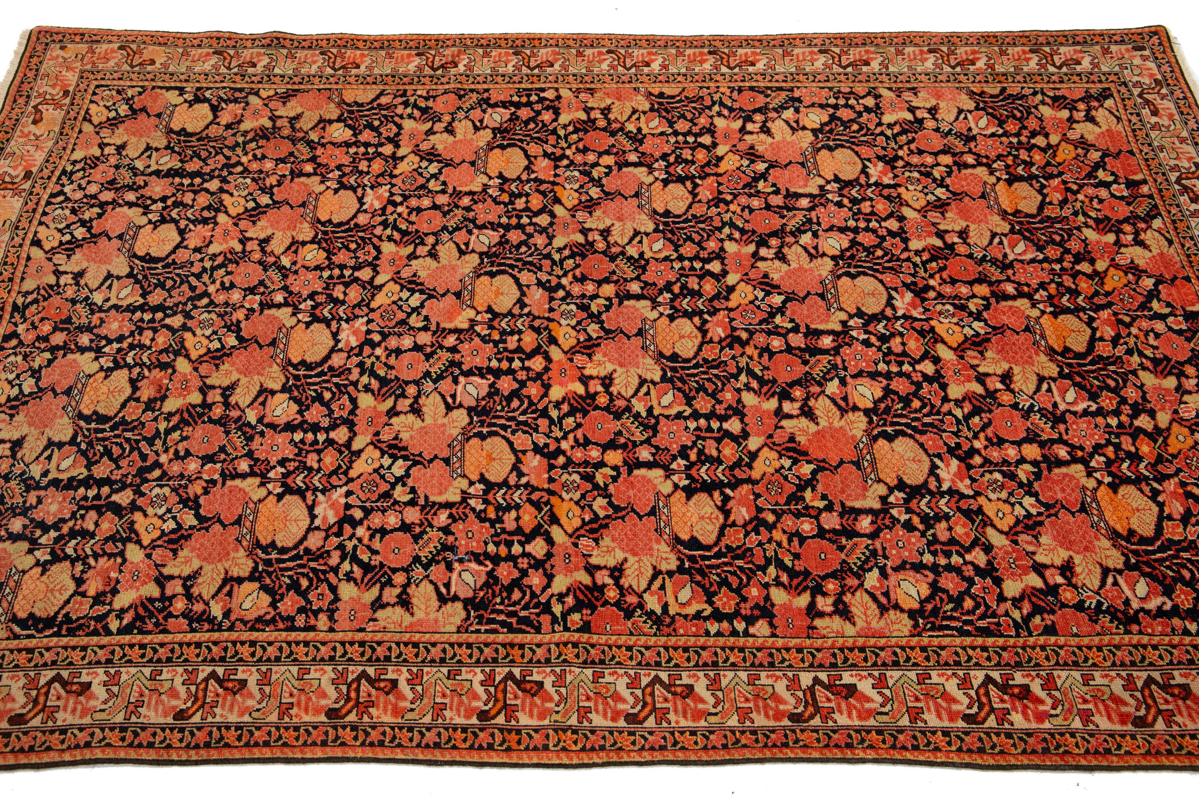 4 x 6 antiker persischer Malayer-Teppich aus orangefarbener Wolle mit Aoover-Blumenmuster (20. Jahrhundert) im Angebot