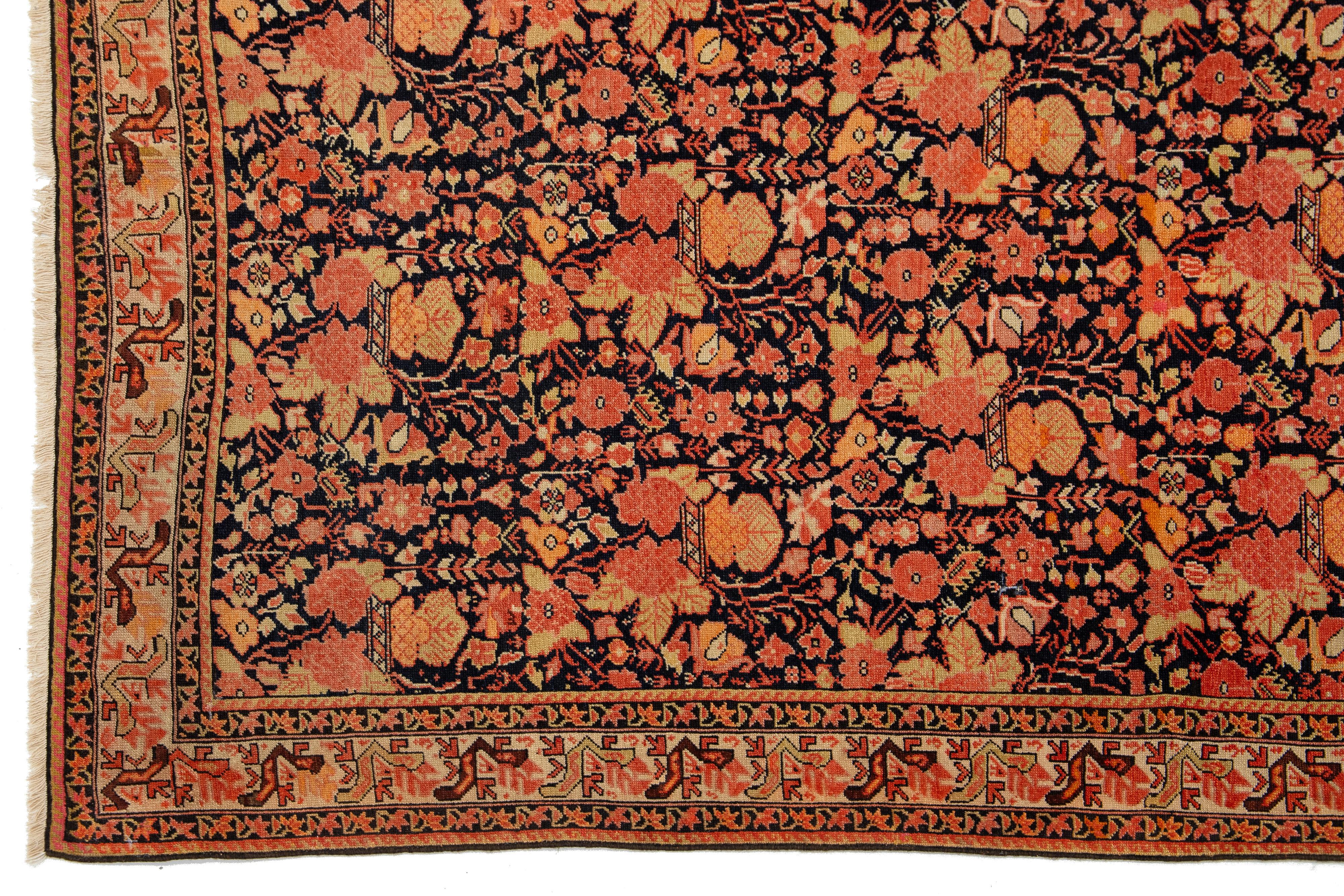 4 x 6 antiker persischer Malayer-Teppich aus orangefarbener Wolle mit Aoover-Blumenmuster im Angebot 1