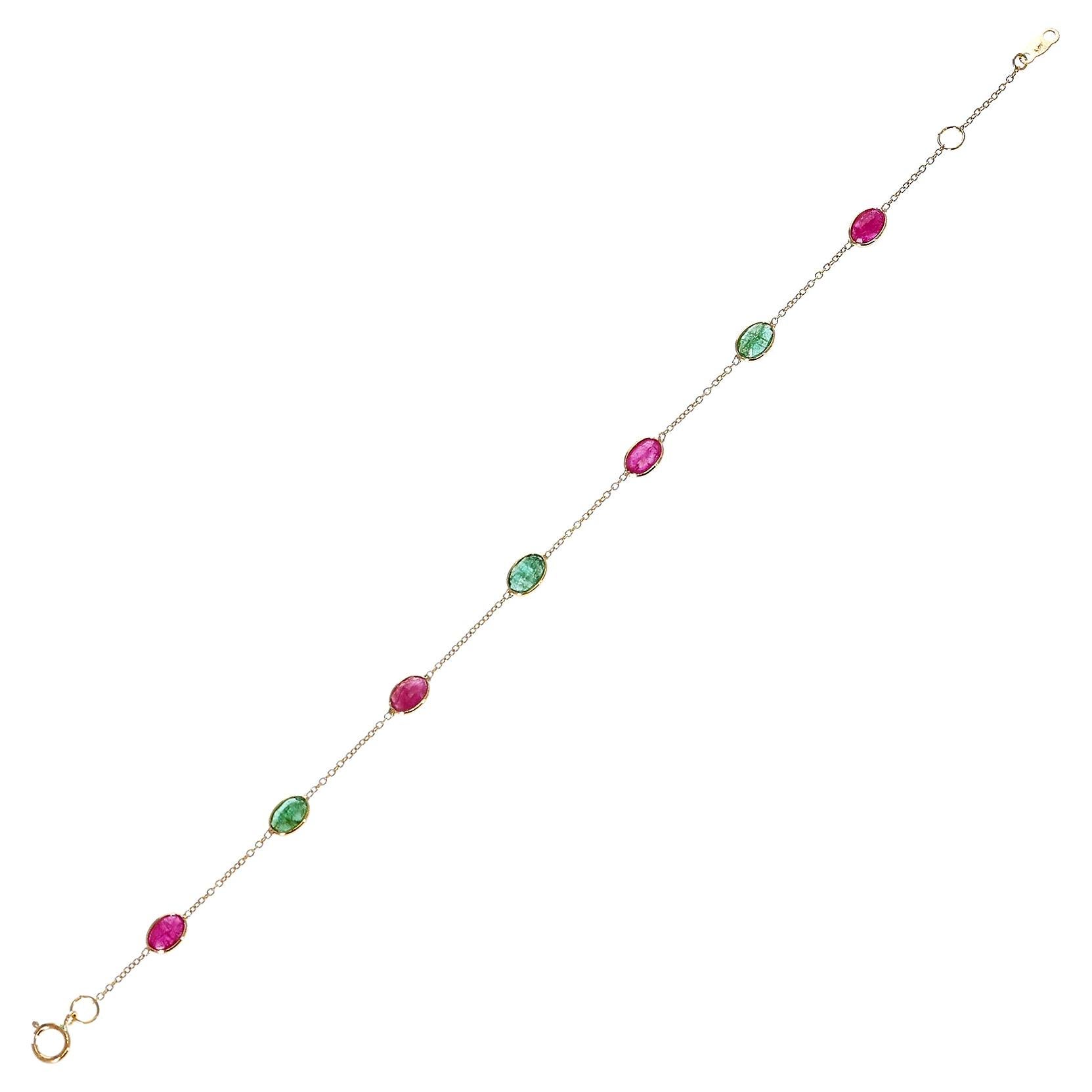 4 x 6 Oval Genuine Ruby and Emerald 18k Yellow Gold Adjustable Bracelet