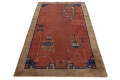 4 x 7 Red Antique Handmade Chinese Art Deco Wool Rug with Floral Design