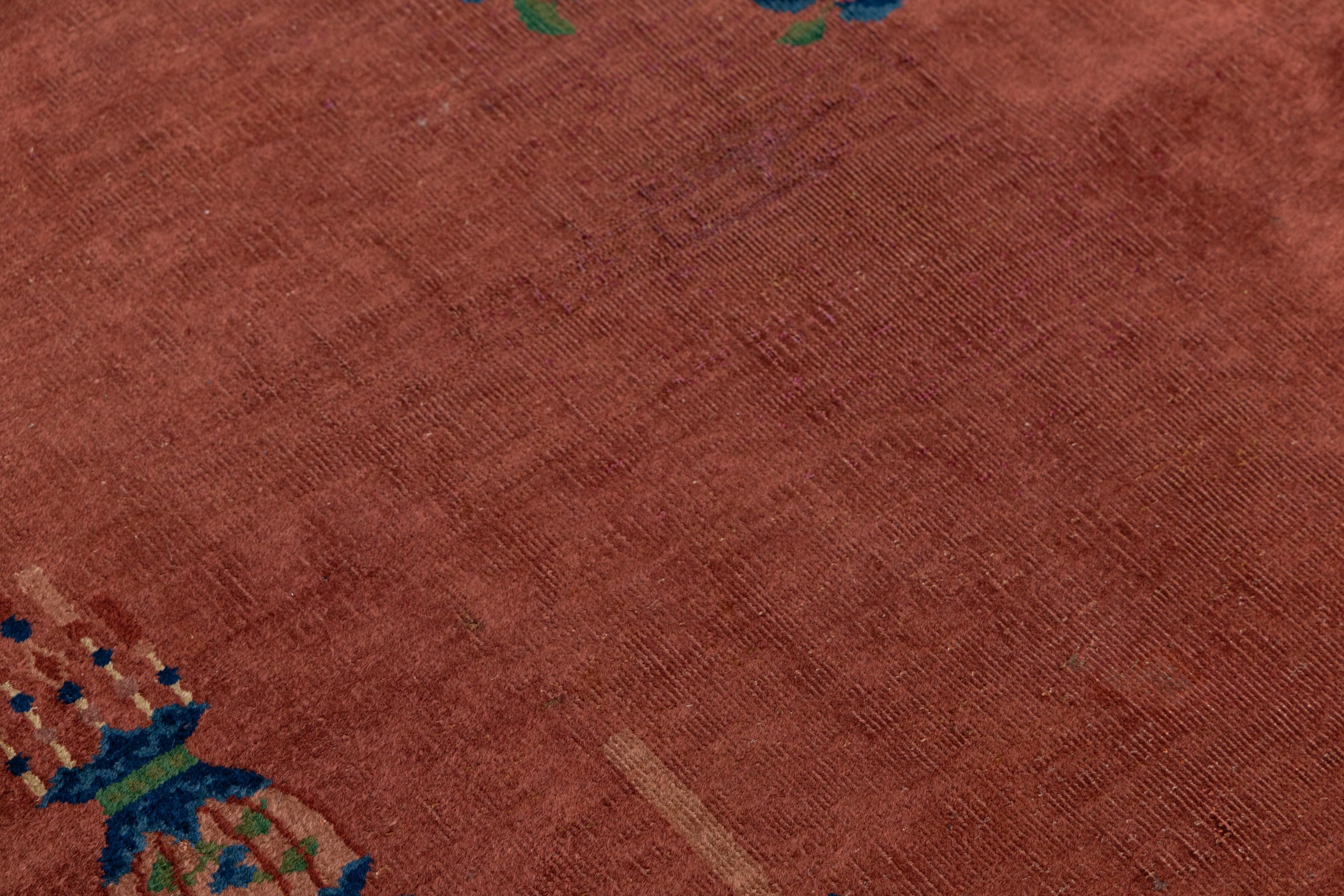 4 x 7 Roter antiker handgefertigter chinesischer Art Deco Wollteppich mit floralem Design (Wolle) im Angebot