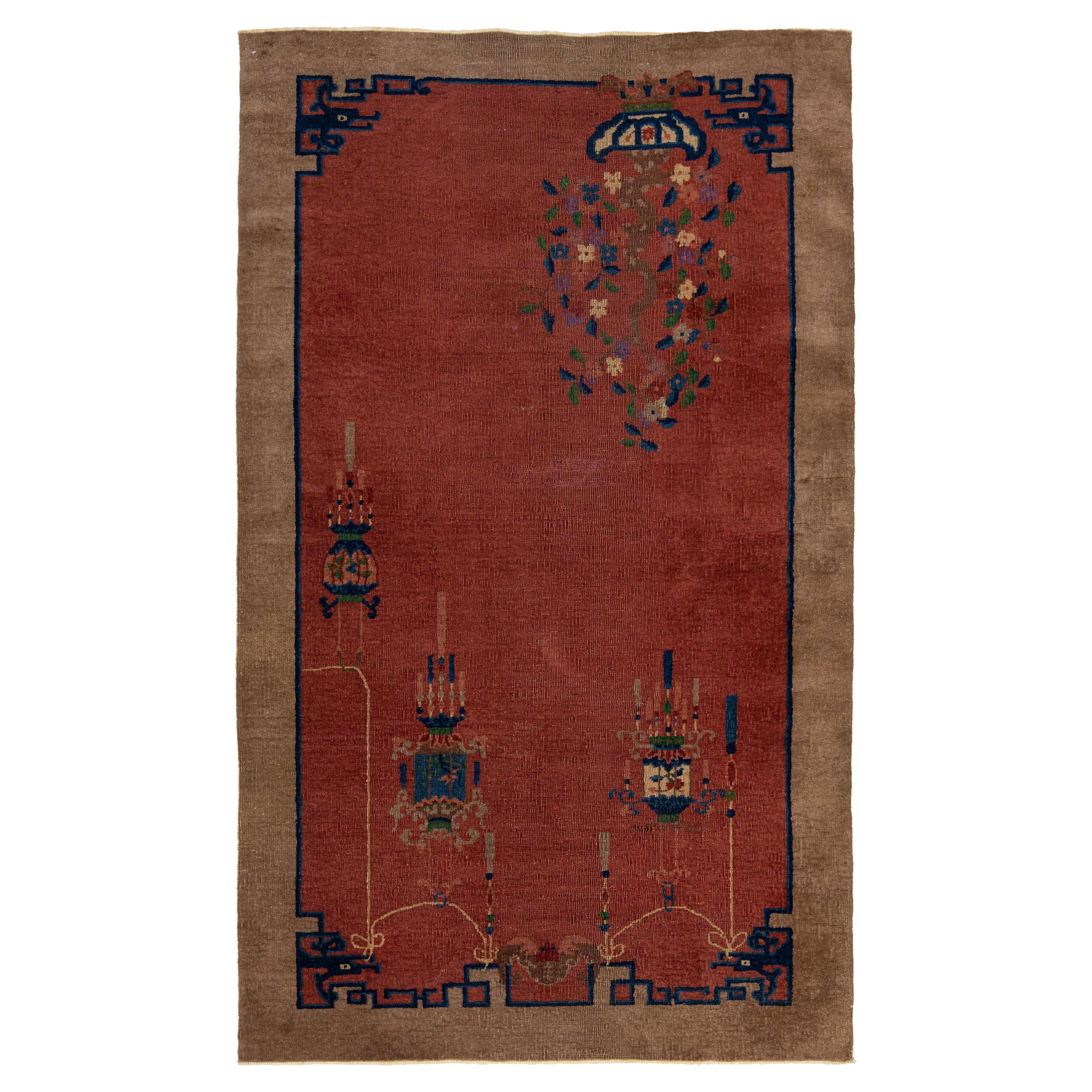 4 x 7 Roter antiker handgefertigter chinesischer Art Deco Wollteppich mit floralem Design im Angebot