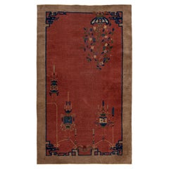 4 x 7 rosso Tappeto di lana antico fatto a mano in stile Art Deco cinese con disegno floreale