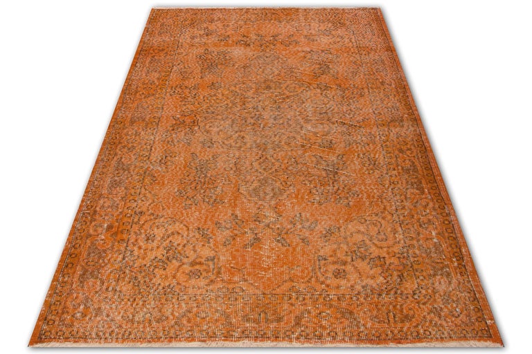 Modern 4x7.4 Ft Home Decor Vintage Hand Knotted Oriental Rug Overdyed in Burnt Orange For Sale