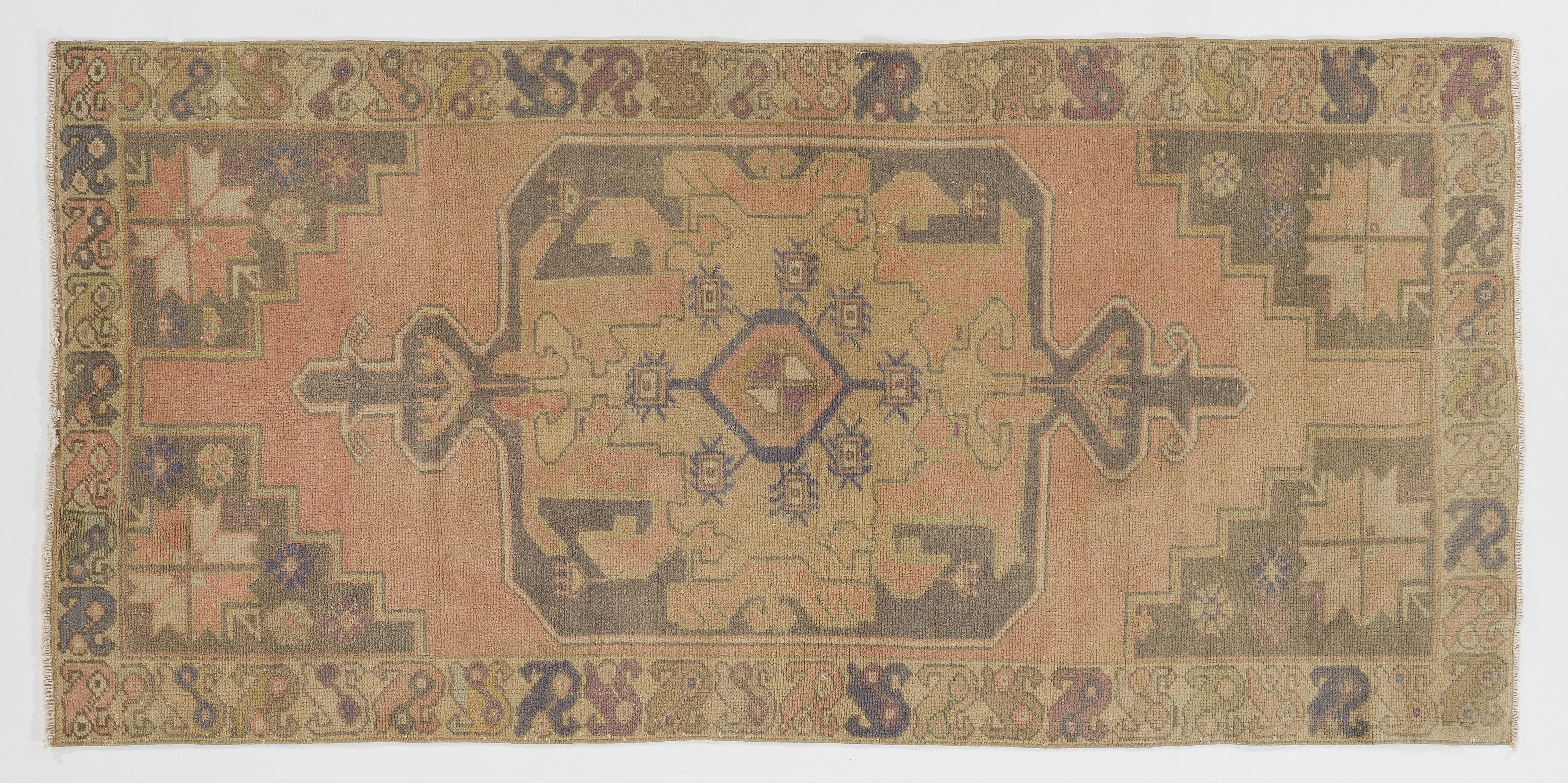 20th Century 4x8.3 Ft One-of-a-Kind Vintage Turkish Oushak Rug in Soft Colors, All Wool For Sale