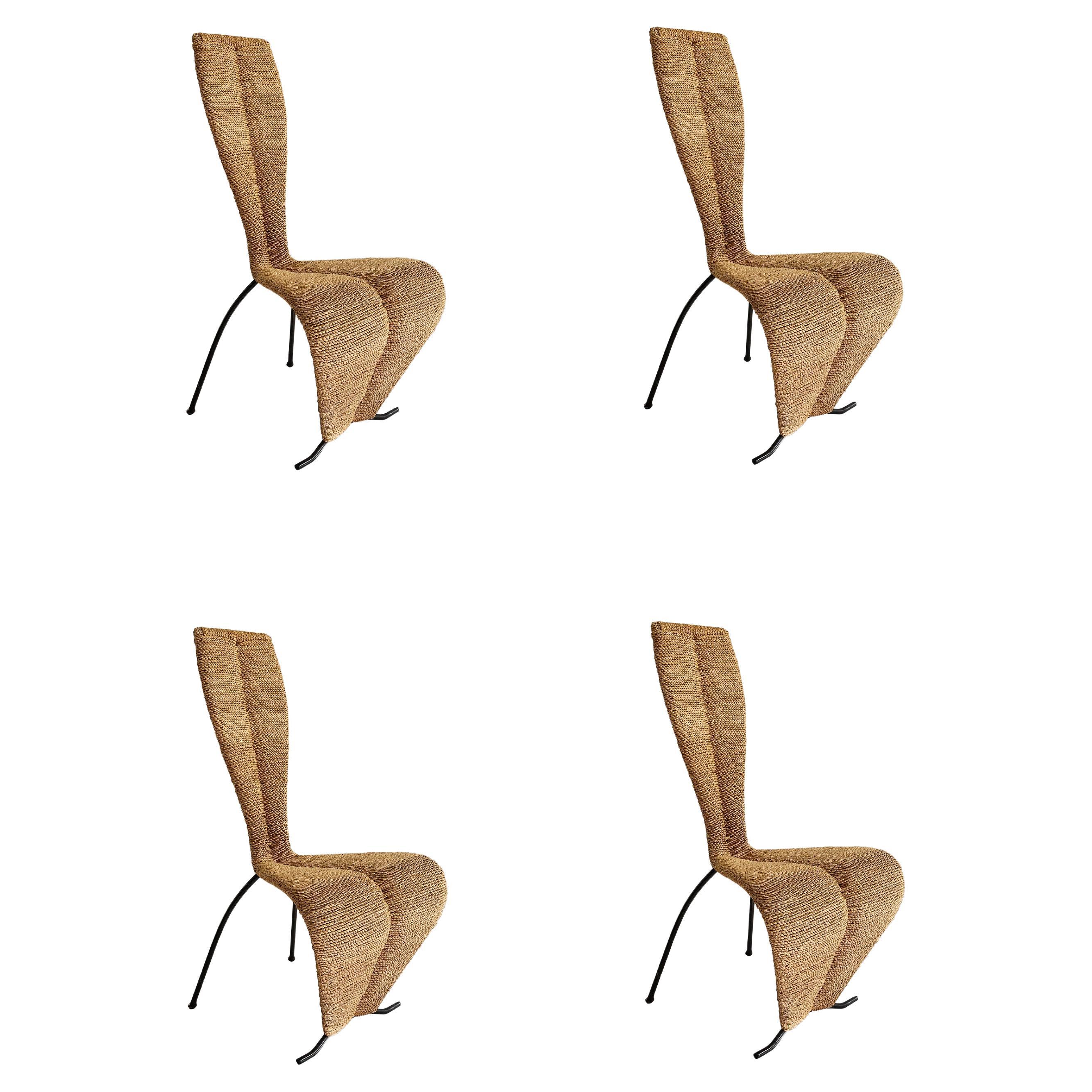 4 x Hourglass Rope Dining Chairs Tom Dixon Style Metal Frame UK 1980s Postmodern