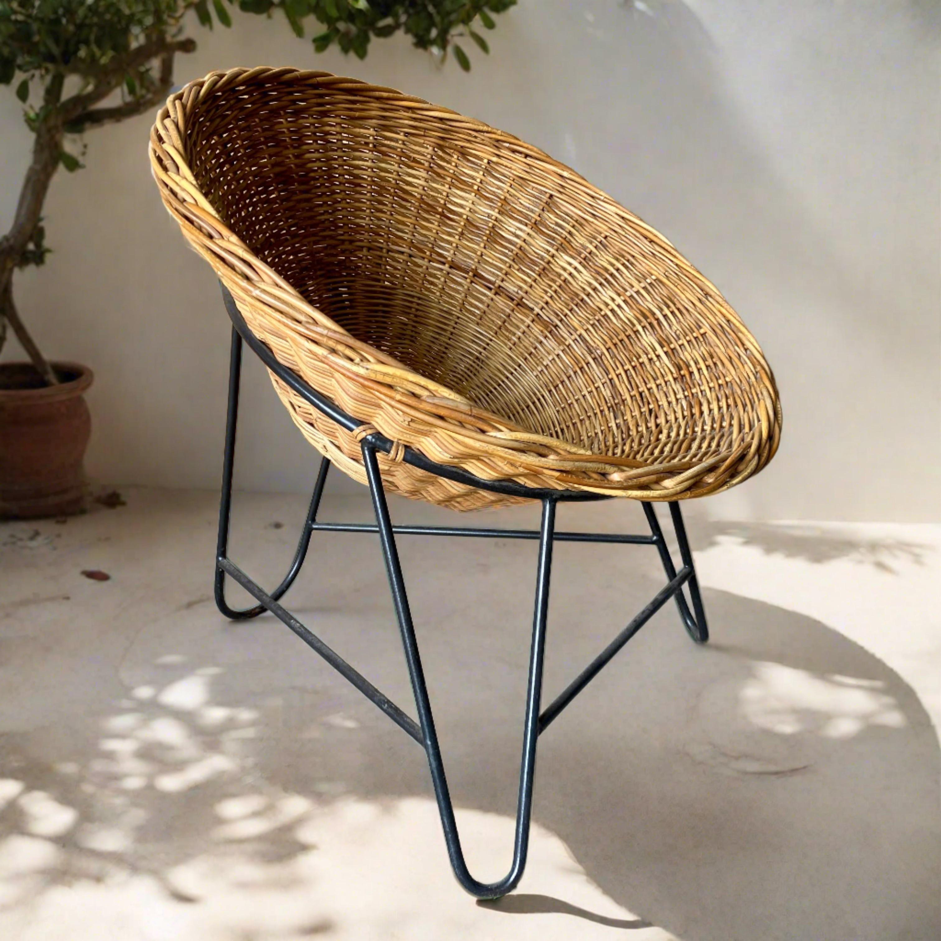 French 4 x Mathieu Matégot Wicker Lounge Chairs, France 1950