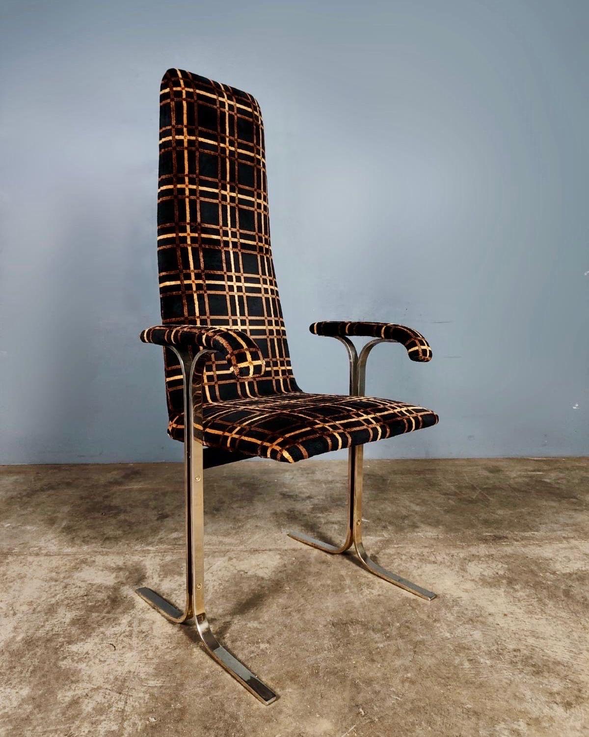 British 4 x Mid Century Pieff Lisse Velvet Brass Geometric Dining Chairs Vintage Retro For Sale